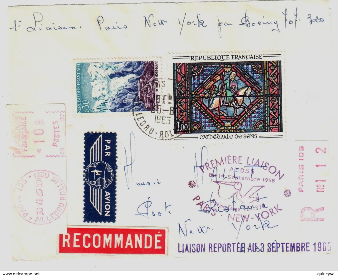 PARIS 105 Lettre Recommandée Par Avion Poste Restante New York Retour Envoyeur Vol Boeing 707 EMA Yv 1427 1454 Ob 1965 - Storia Postale