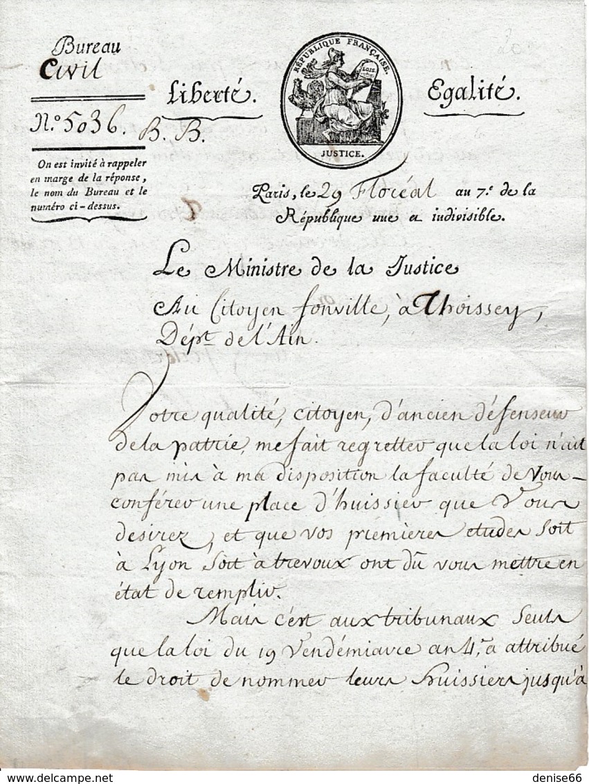 Floréal An 7 (1799) L.S. Charles, Comte LAMBRECHTS Comme Ministre De La Justice Au Citoyen FONVILLE à THOISSEY (01) - Historical Documents