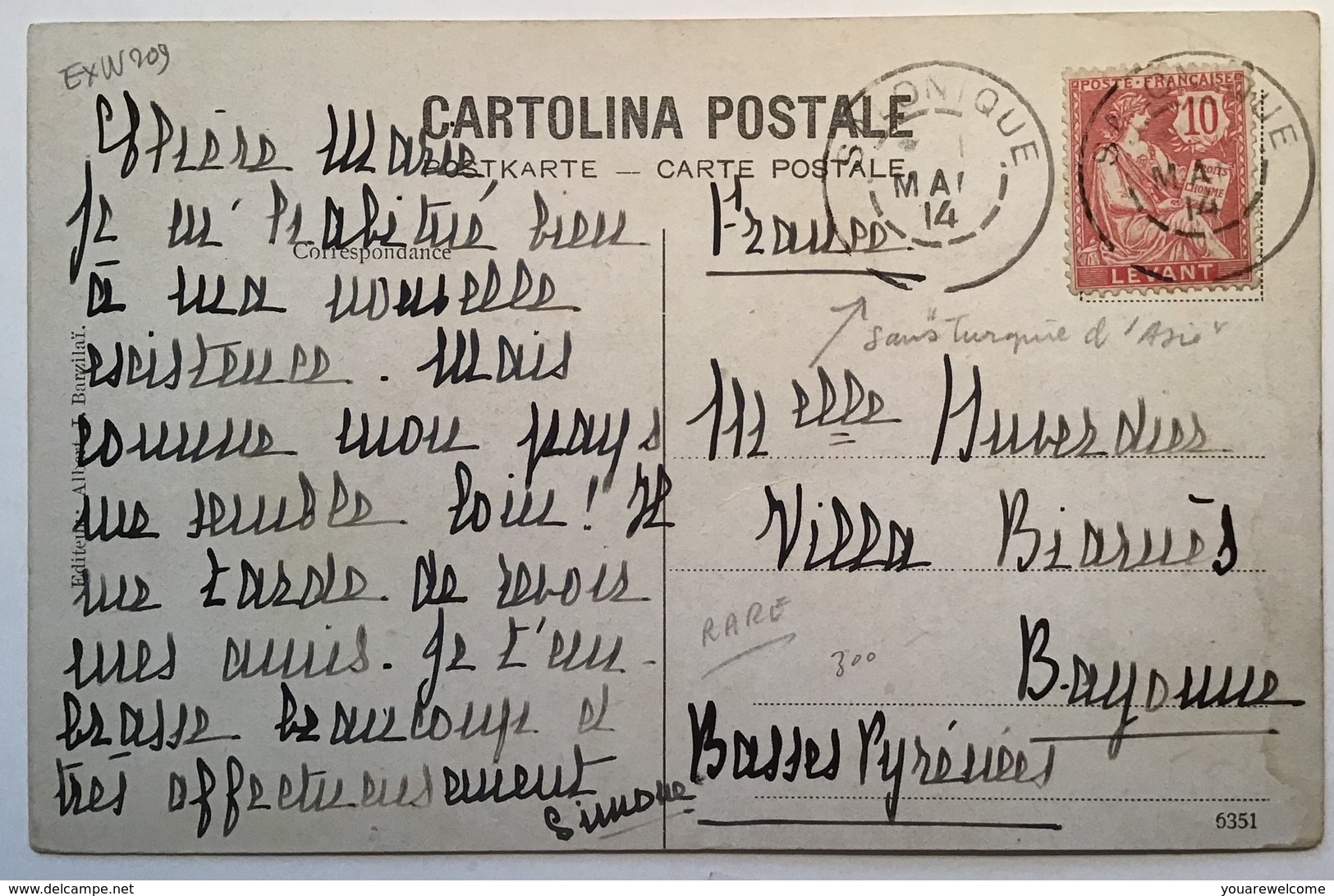„SALONIQUE 1914“(RARE W/o TURQUIE D' ASIE)on LEVANT FRANÇAIS Mouchon Pc (cover Cp BFE Greece Grèce Lettre Thessaloniki - Salonicco