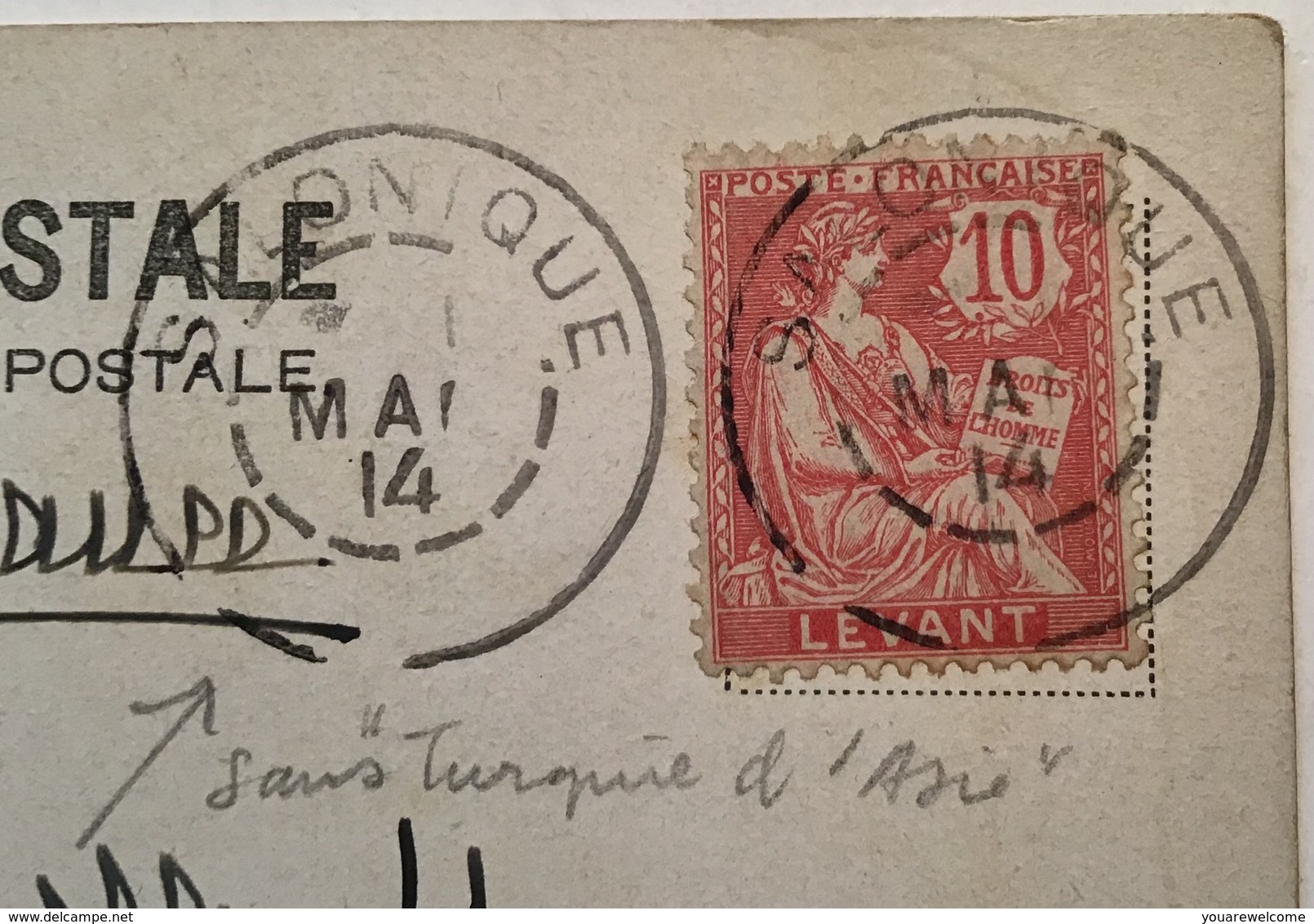 „SALONIQUE 1914“(RARE W/o TURQUIE D' ASIE)on LEVANT FRANÇAIS Mouchon Pc (cover Cp BFE Greece Grèce Lettre Thessaloniki - Thessalonique