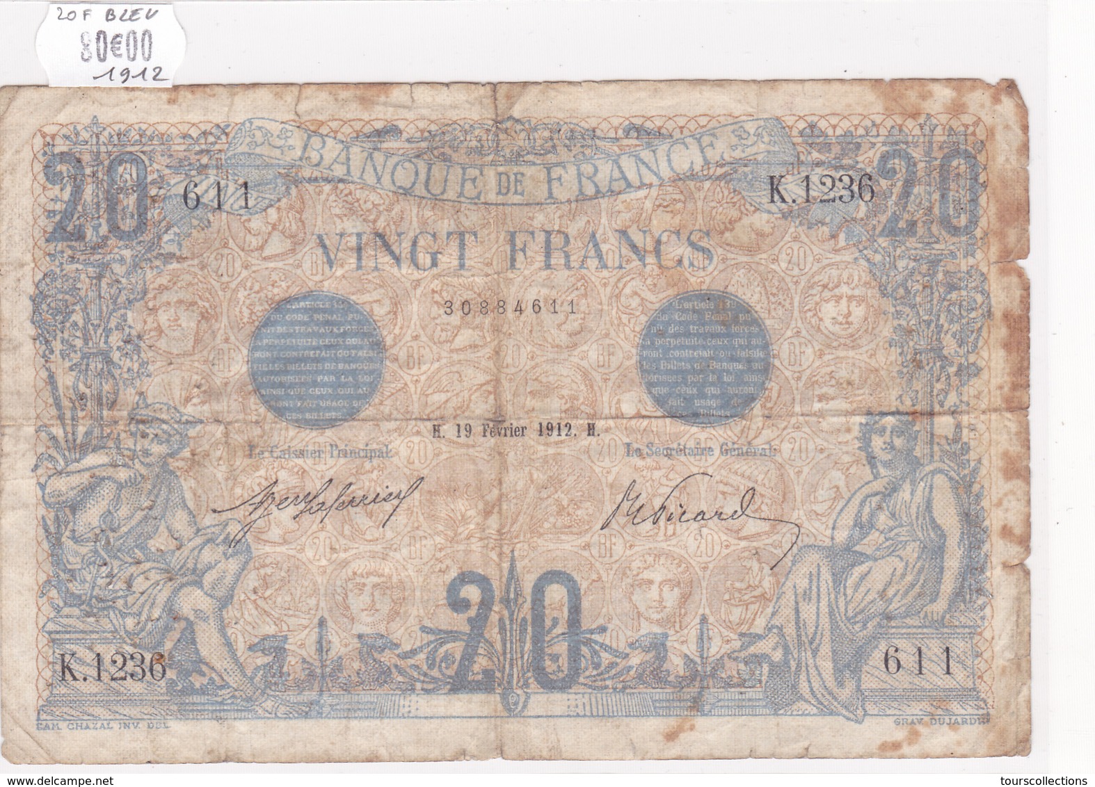 Billet De 20 Francs Bleu Du 19 Février 1912 - K.1236 Alph 611 @ N° Fayette : 10.2 - 20 F 1905-1913 ''Bleu''