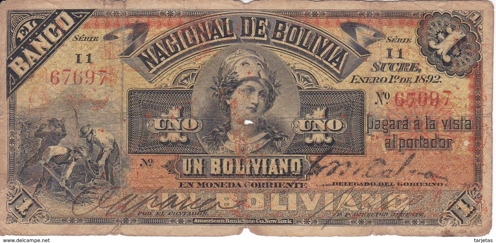 BILLETE DE BOLIVIA DE 1 BOLIVIANO DEL AÑO 1892 SERIE I1 (BANKNOTE) - Bolivie