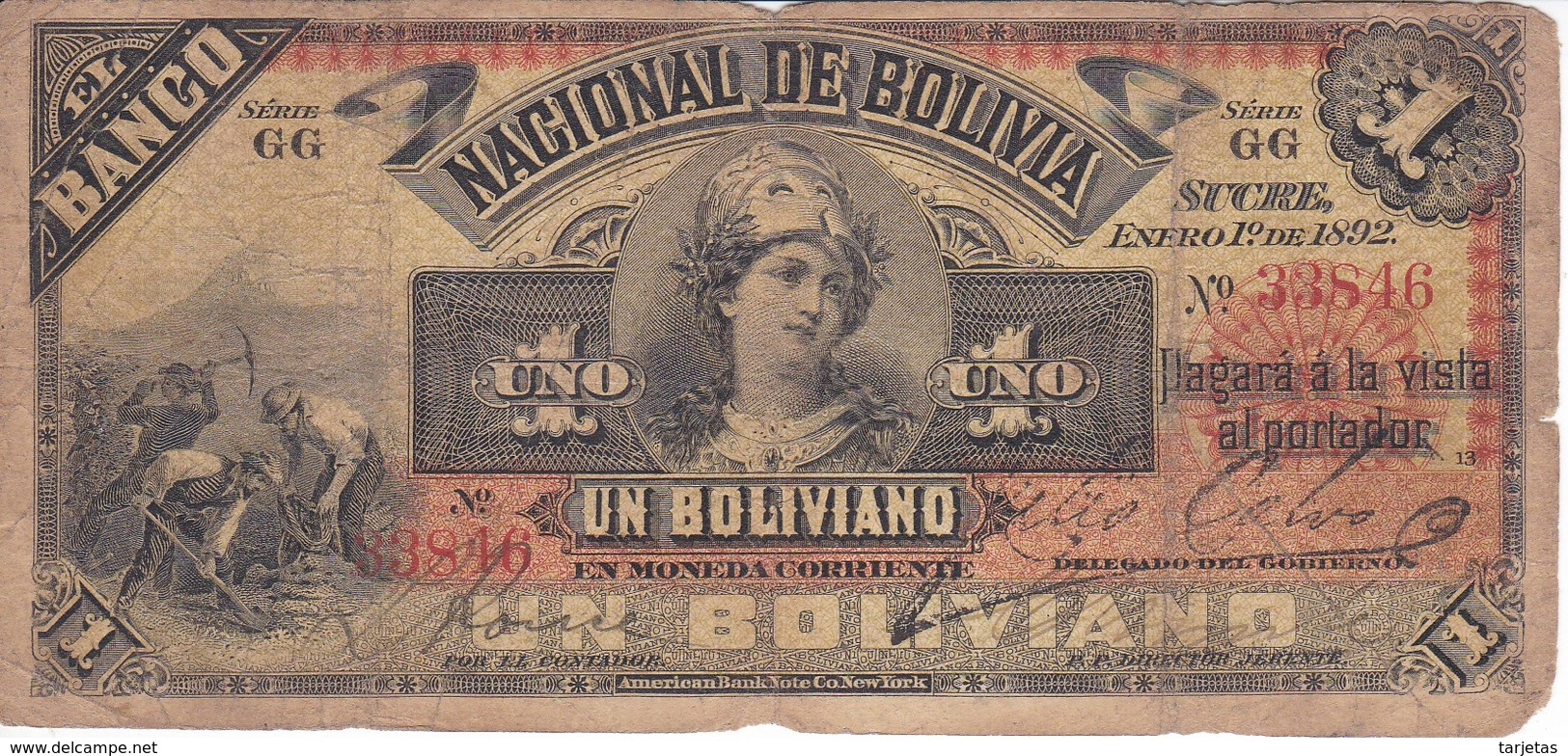 BILLETE DE BOLIVIA DE 1 BOLIVIANO DEL AÑO 1892 SERIE GG (BANKNOTE) - Bolivia