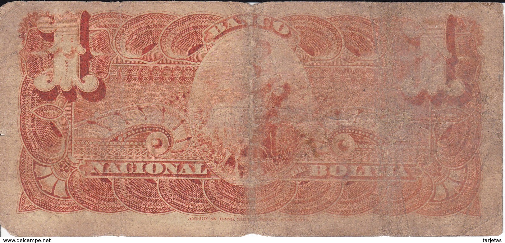 BILLETE DE BOLIVIA DE 1 BOLIVIANO DEL AÑO 1892 SERIE GG (BANKNOTE) - Bolivia