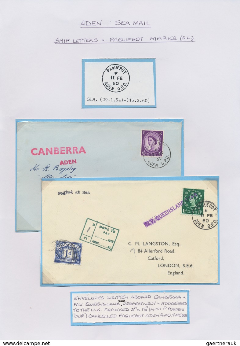 Aden: 1899-1961 ADEN SHIPMAIL: Collection of 21 covers and postcards with Aden Sea Post and Paquebot