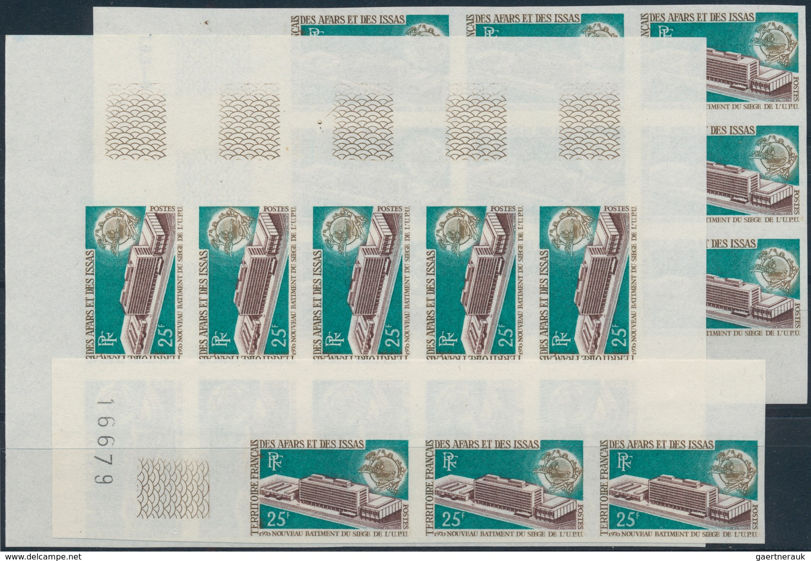 Afar Und Issa: 1970, 25fr. UPU, Lot Of 22 Imperforate Stamps Within Multiples, Mint Never Hinged. Mi - Autres & Non Classés