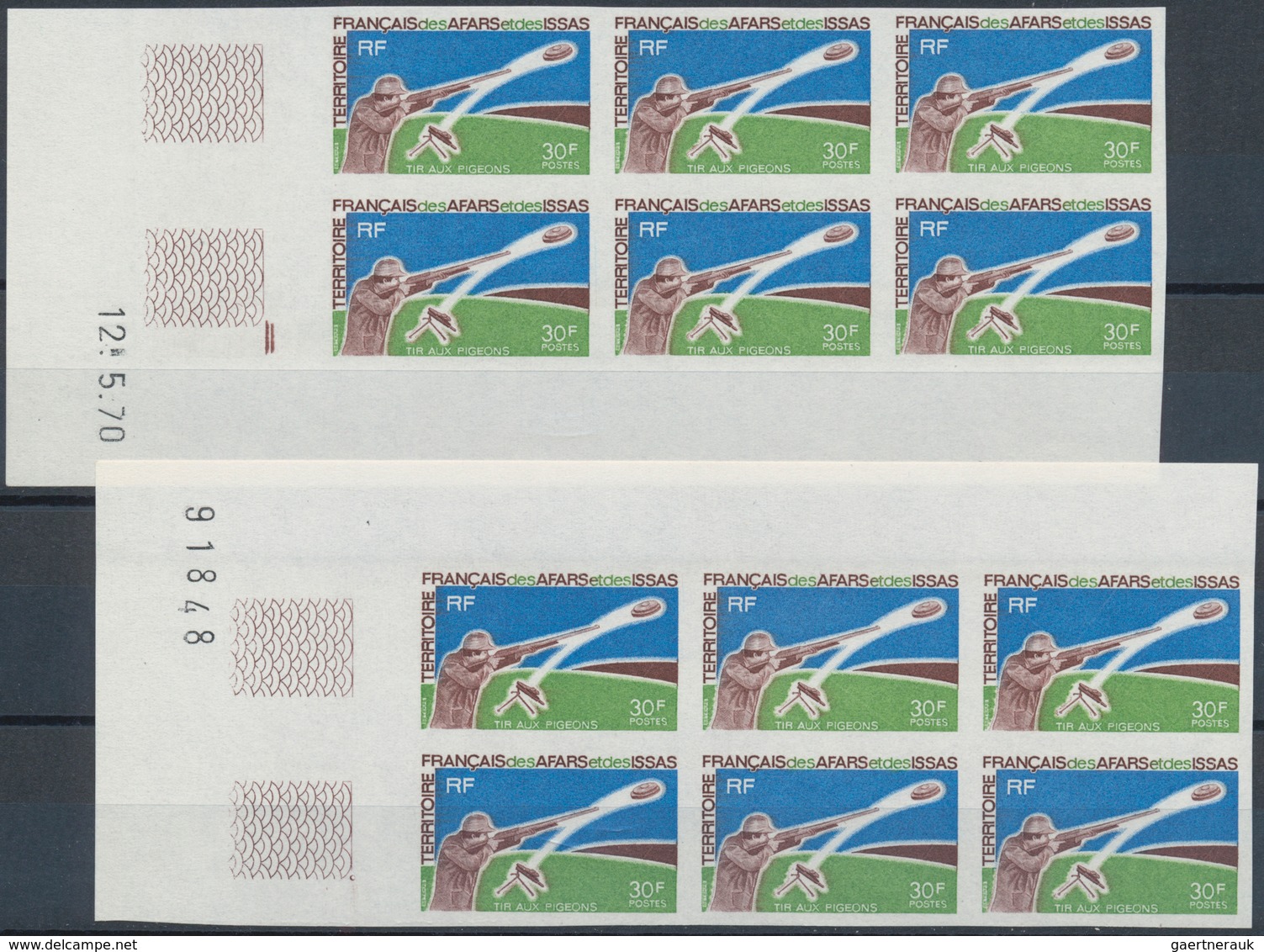 Afar Und Issa: 1970, 30fr. Clay Pigeon Shooting, Lot Of Twelve Imperforate Stamps (two Marginal Bloc - Autres & Non Classés