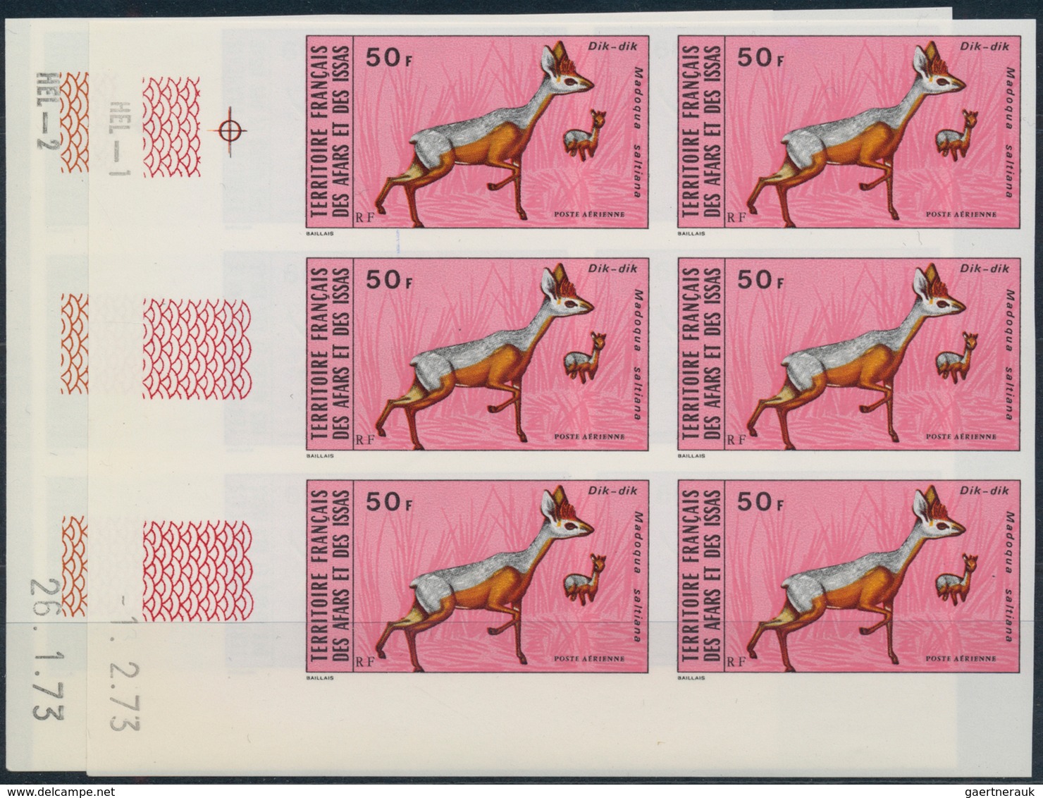 Afar Und Issa: 1973, Wildlife, 30fr. Gemsbok, 50fr. Salt's Dik-dik And 66fr. Caracal, 13 Imperforate - Autres & Non Classés