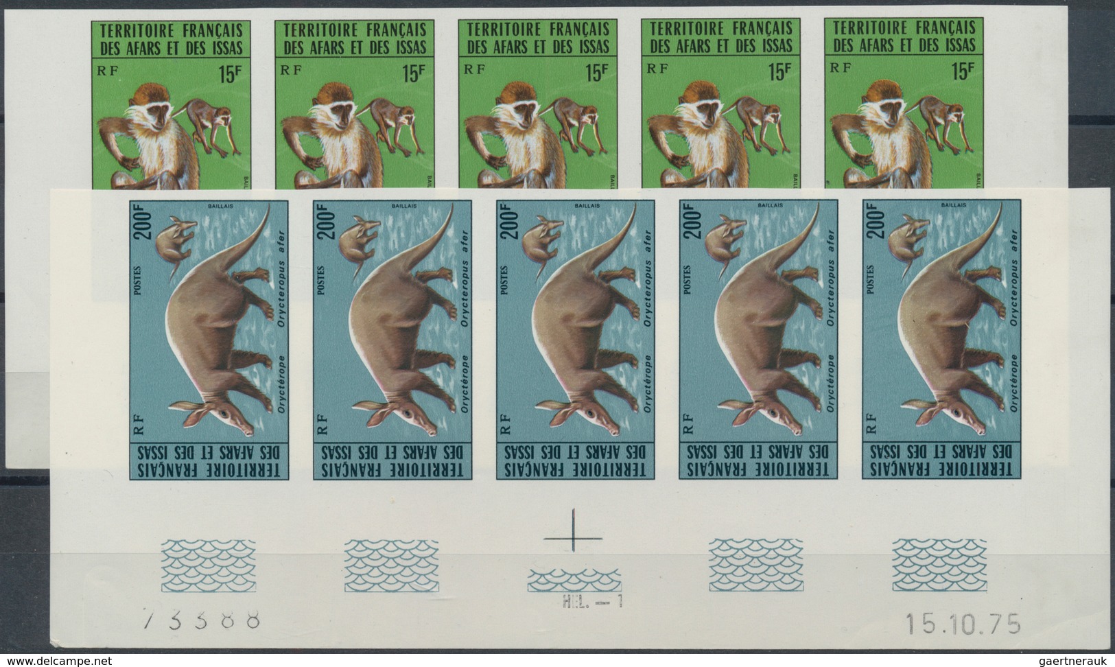 Afar Und Issa: 1975, Wildlife, 15fr. Chlorocebus And 200fr. Aardvark, 15 Imperforate Sets (block Of - Autres & Non Classés