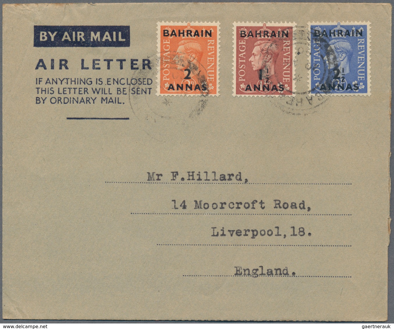 Bahrain: 1948/57, Franked Airletters (6) Used To England Or USA: KGVI At The 6 Annas Tariff KGVI 2 A - Bahreïn (1965-...)