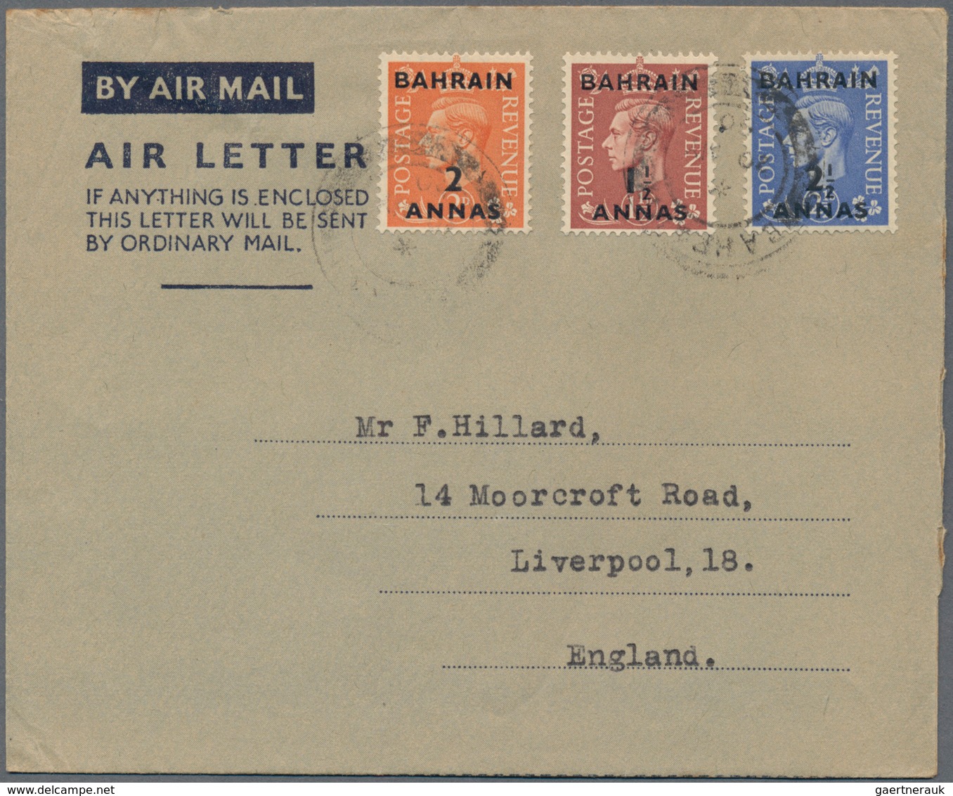 Bahrain: 1948/57, Franked Airletters (6) Used To England Or USA: KGVI At The 6 Annas Tariff KGVI 2 A - Bahrein (1965-...)