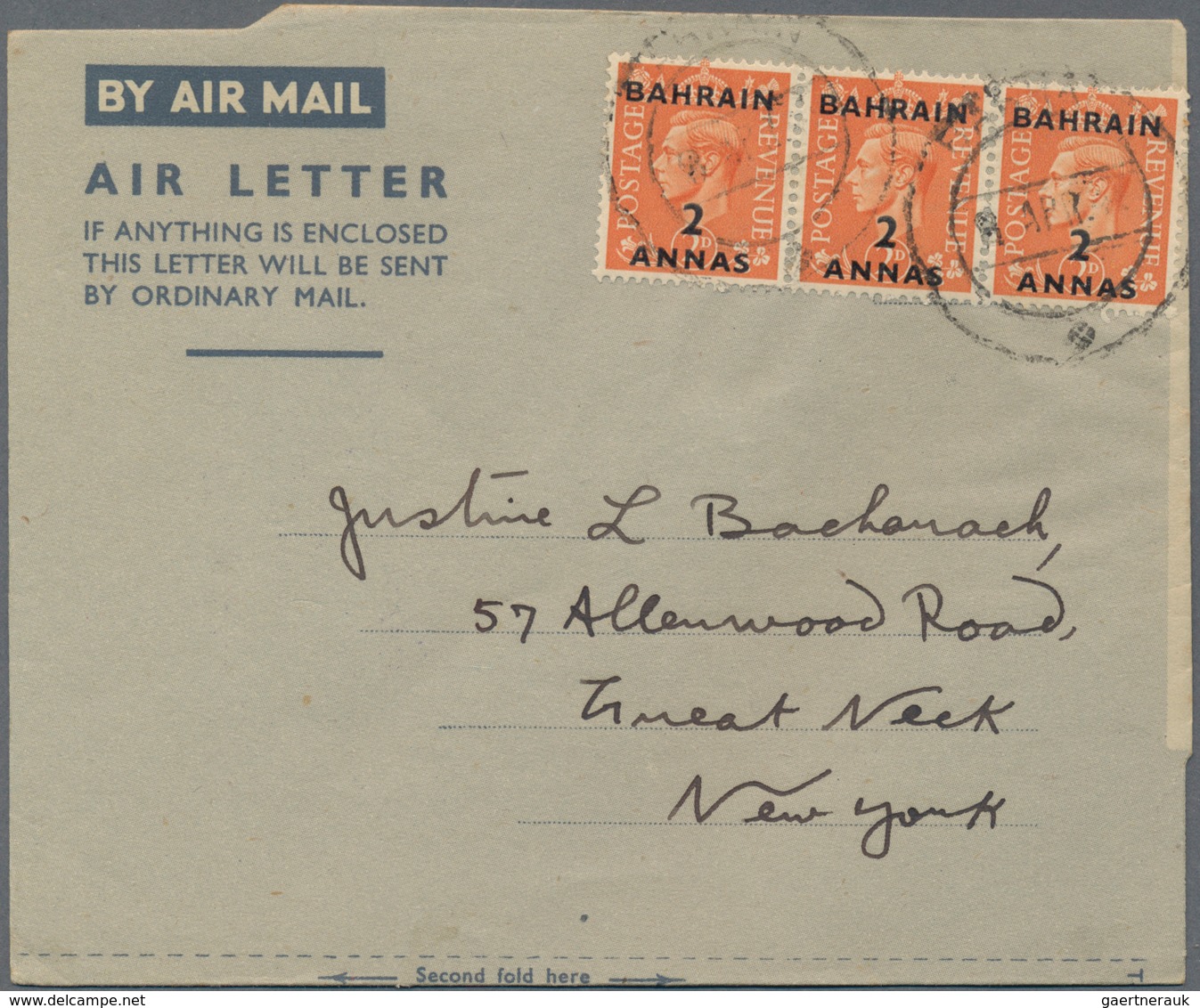 Bahrain: 1948/57, Franked Airletters (6) Used To England Or USA: KGVI At The 6 Annas Tariff KGVI 2 A - Bahreïn (1965-...)