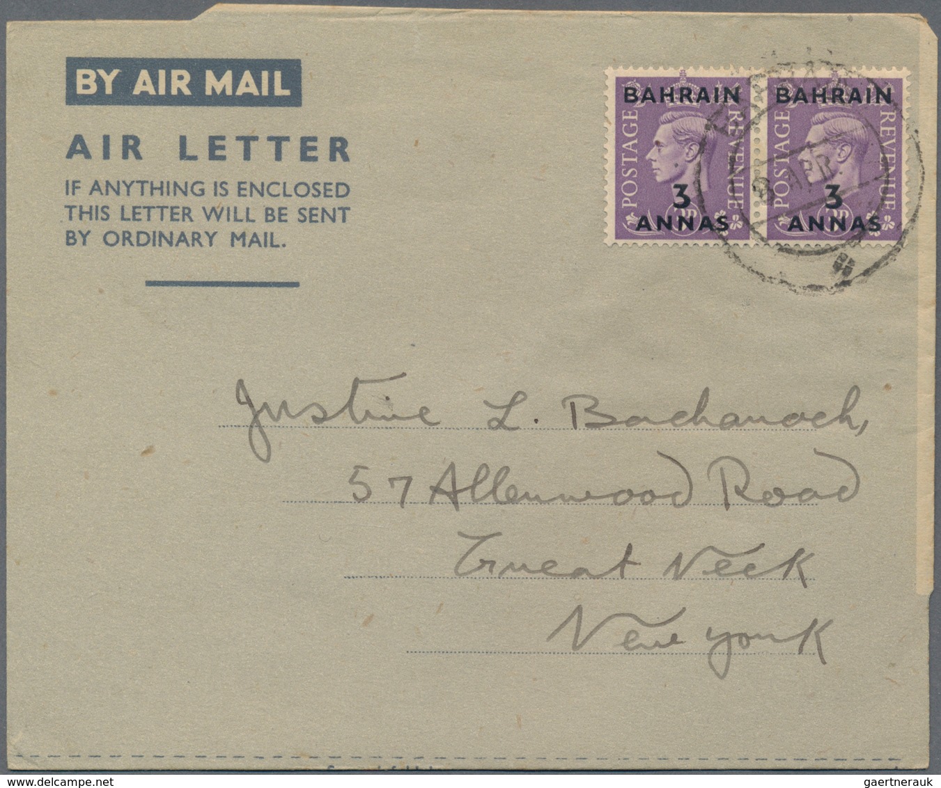 Bahrain: 1948/57, Franked Airletters (6) Used To England Or USA: KGVI At The 6 Annas Tariff KGVI 2 A - Bahreïn (1965-...)