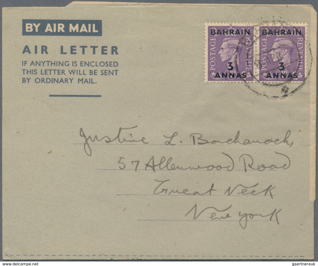 Bahrain: 1948/57, Franked Airletters (6) Used To England Or USA: KGVI At The 6 Annas Tariff KGVI 2 A - Bahrein (1965-...)