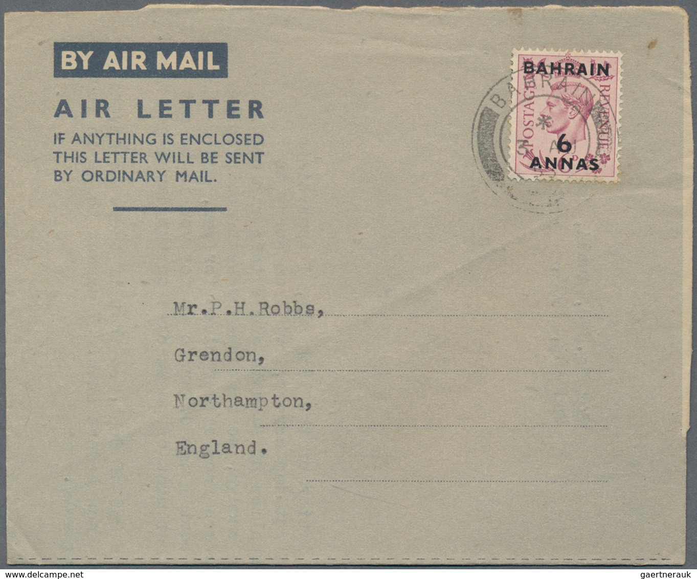 Bahrain: 1948/57, Franked Airletters (6) Used To England Or USA: KGVI At The 6 Annas Tariff KGVI 2 A - Bahreïn (1965-...)