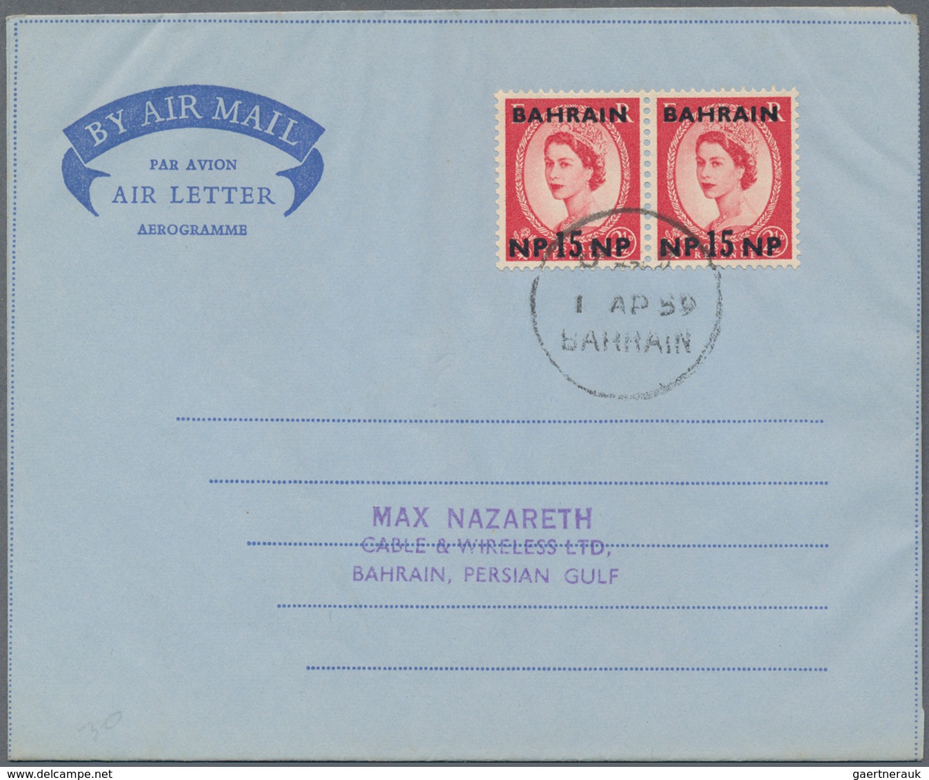 Bahrain: 1948/57, Franked Airletters (6) Used To England Or USA: KGVI At The 6 Annas Tariff KGVI 2 A - Bahreïn (1965-...)