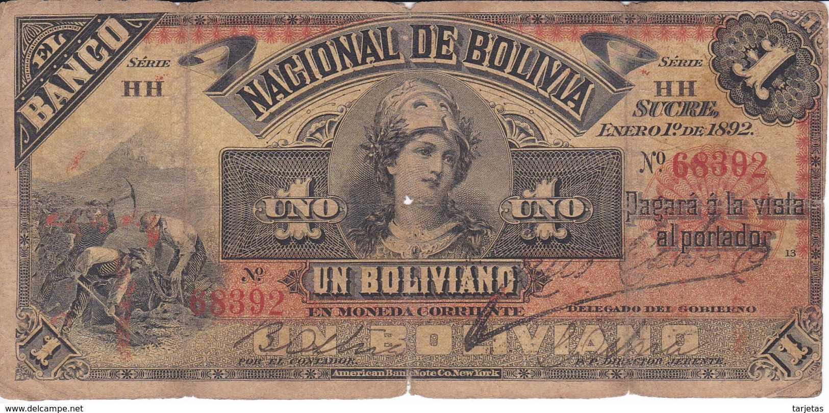 BILLETE DE BOLIVIA DE 1 BOLIVIANO DEL AÑO 1892 SERIE HH (BANKNOTE) - Bolivië