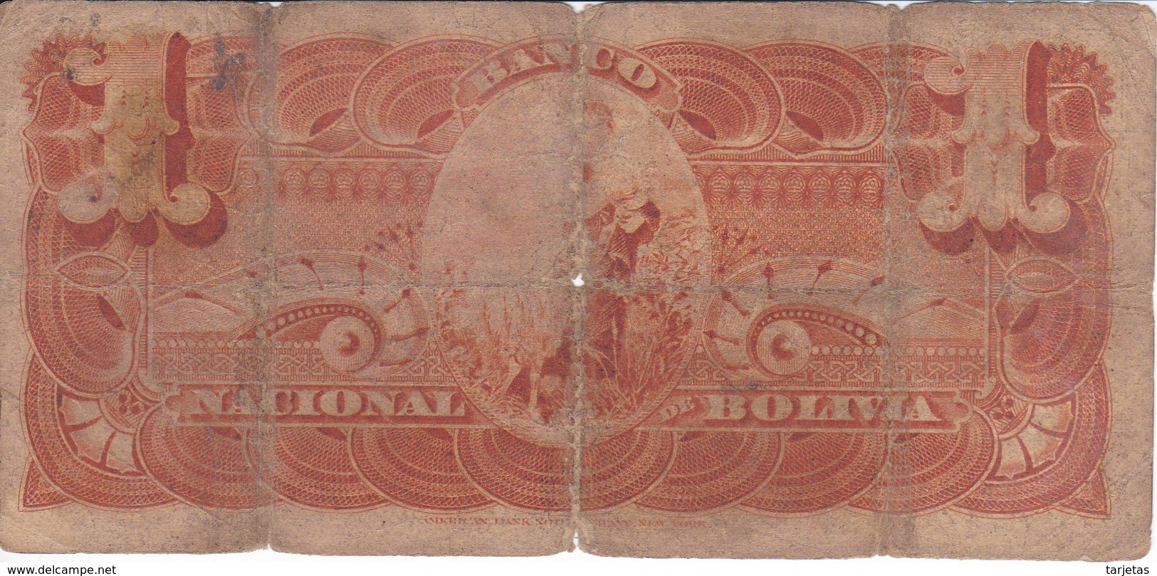 BILLETE DE BOLIVIA DE 1 BOLIVIANO DEL AÑO 1892 SERIE HH (BANKNOTE) - Bolivia