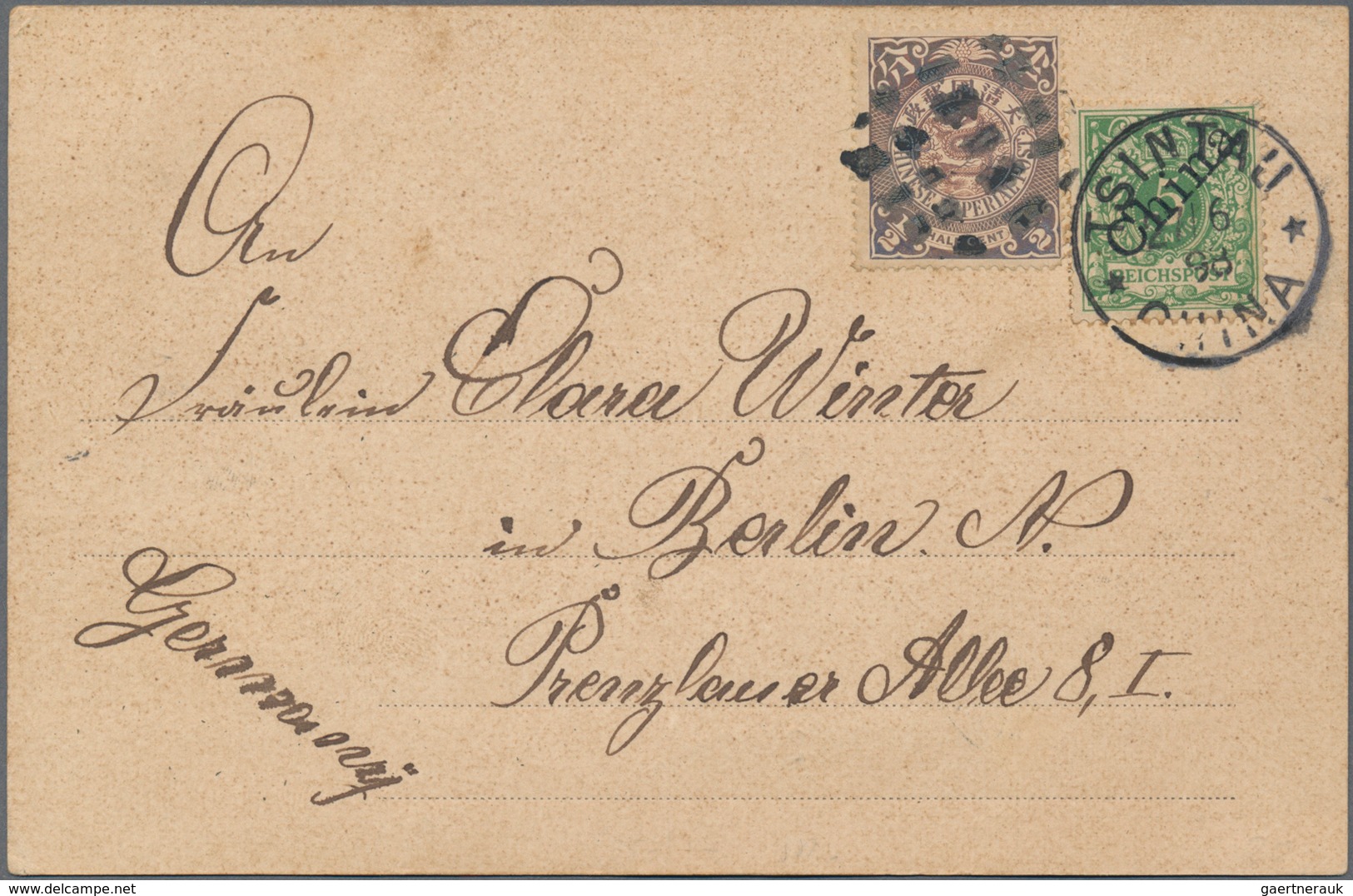 China: 1898, "TSINGTAU/CHINA", Half-moon Bilingual Mark Ties Coiling Dragon 4 C. Resp. 1/2 C. To Ppc - Autres & Non Classés