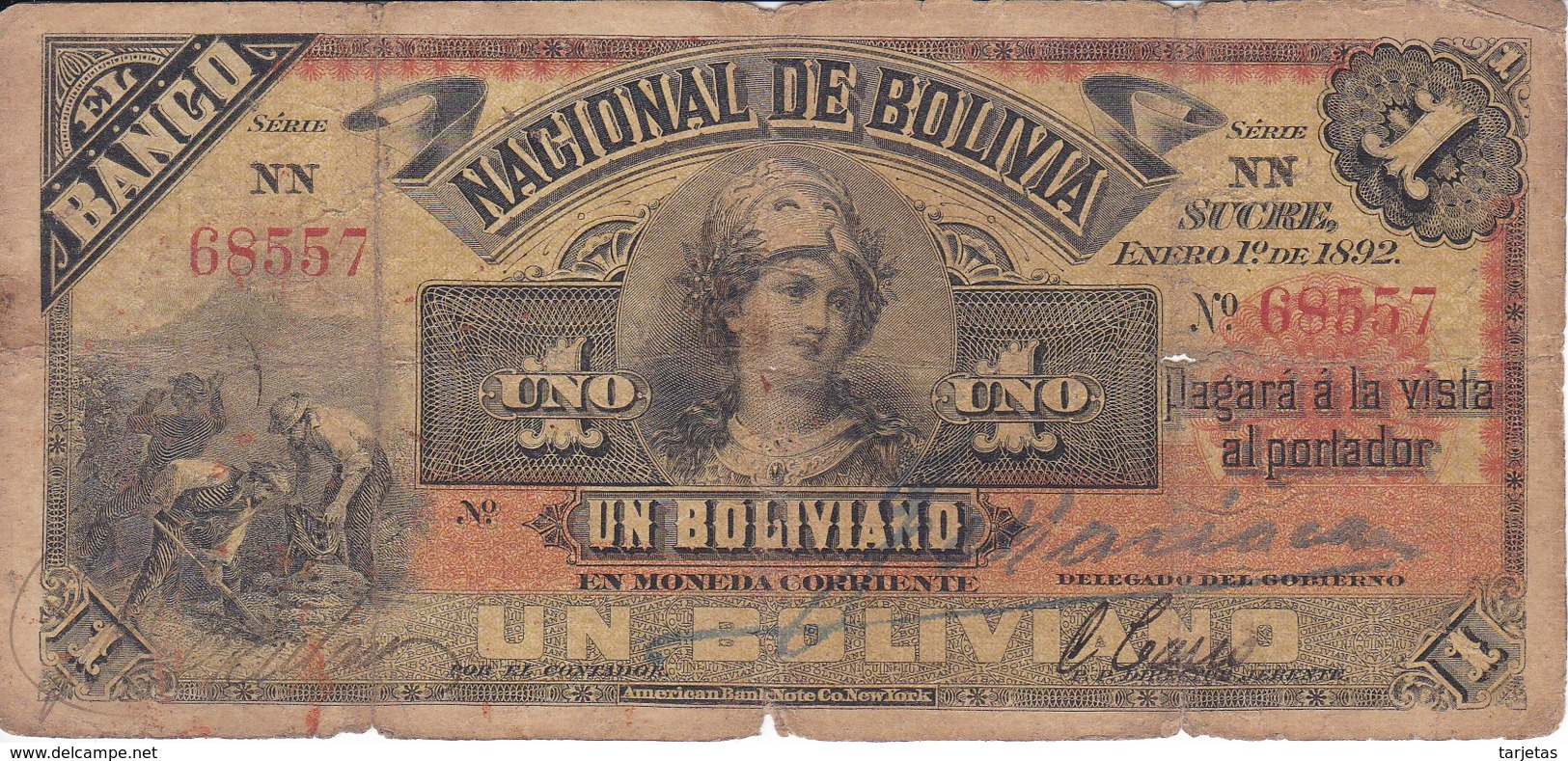 BILLETE DE BOLIVIA DE 1 BOLIVIANO DEL AÑO 1892 SERIE NN (BANKNOTE) - Bolivia