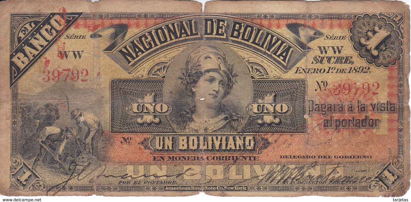 BILLETE DE BOLIVIA DE 1 BOLIVIANO DEL AÑO 1892 SERIE WW (BANKNOTE) - Bolivien