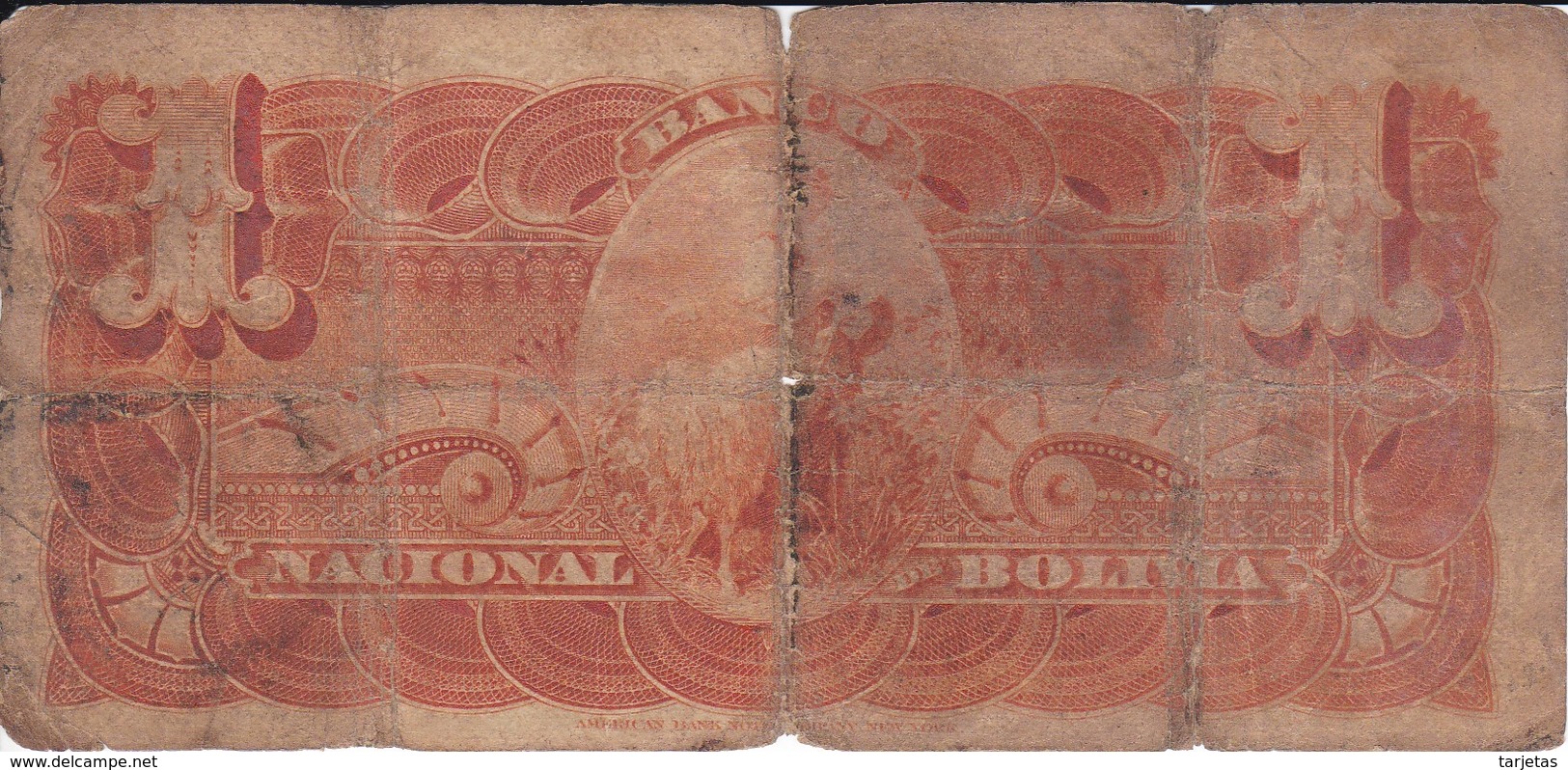 BILLETE DE BOLIVIA DE 1 BOLIVIANO DEL AÑO 1892 SERIE WW (BANKNOTE) - Bolivië