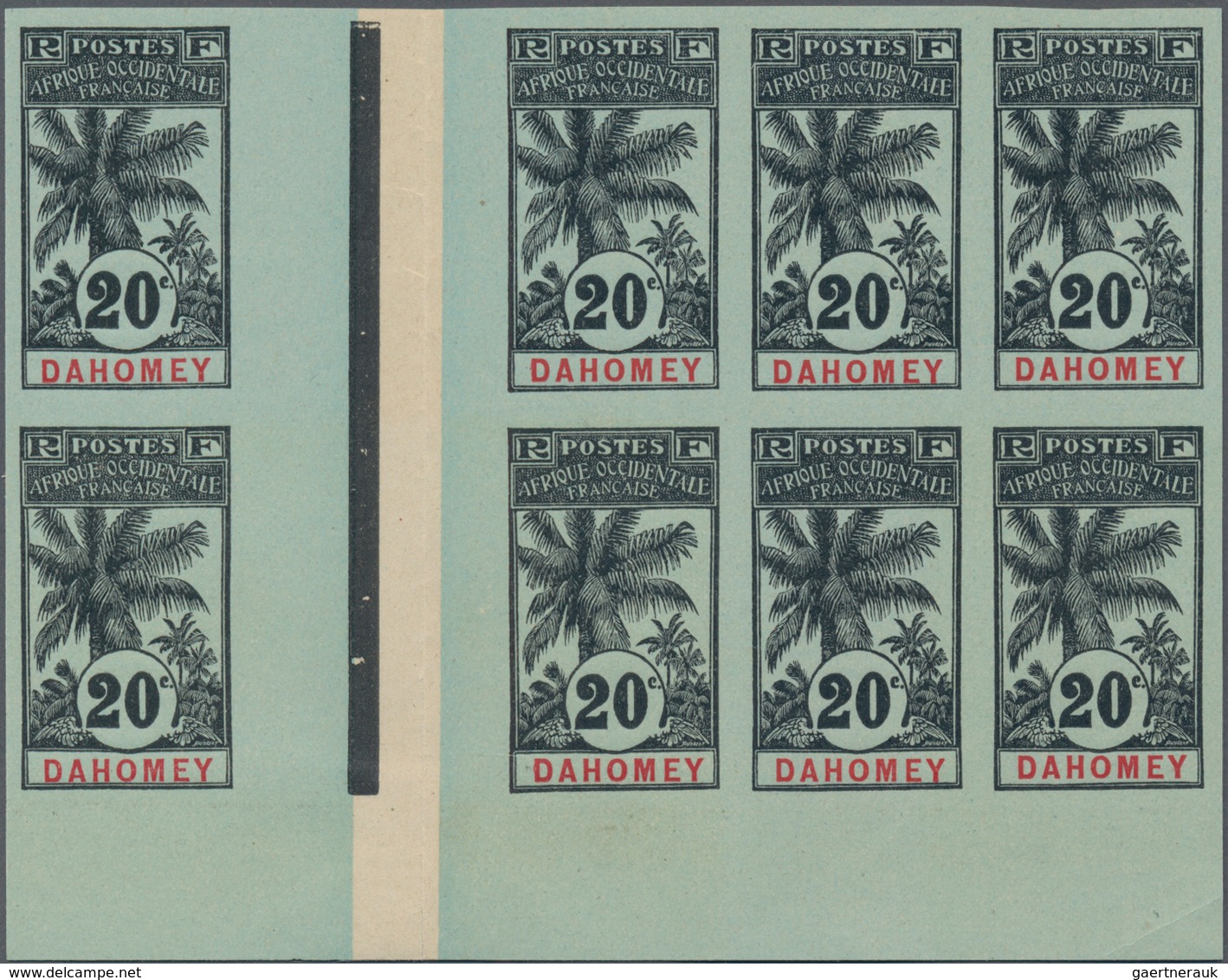 Dahomey: 1906/1907, Defintives, 20c. "Palm Tree", Lot Of 34 Imperforate Stamps On Ungummed Paper. Ma - Benin - Dahomey (1960-...)