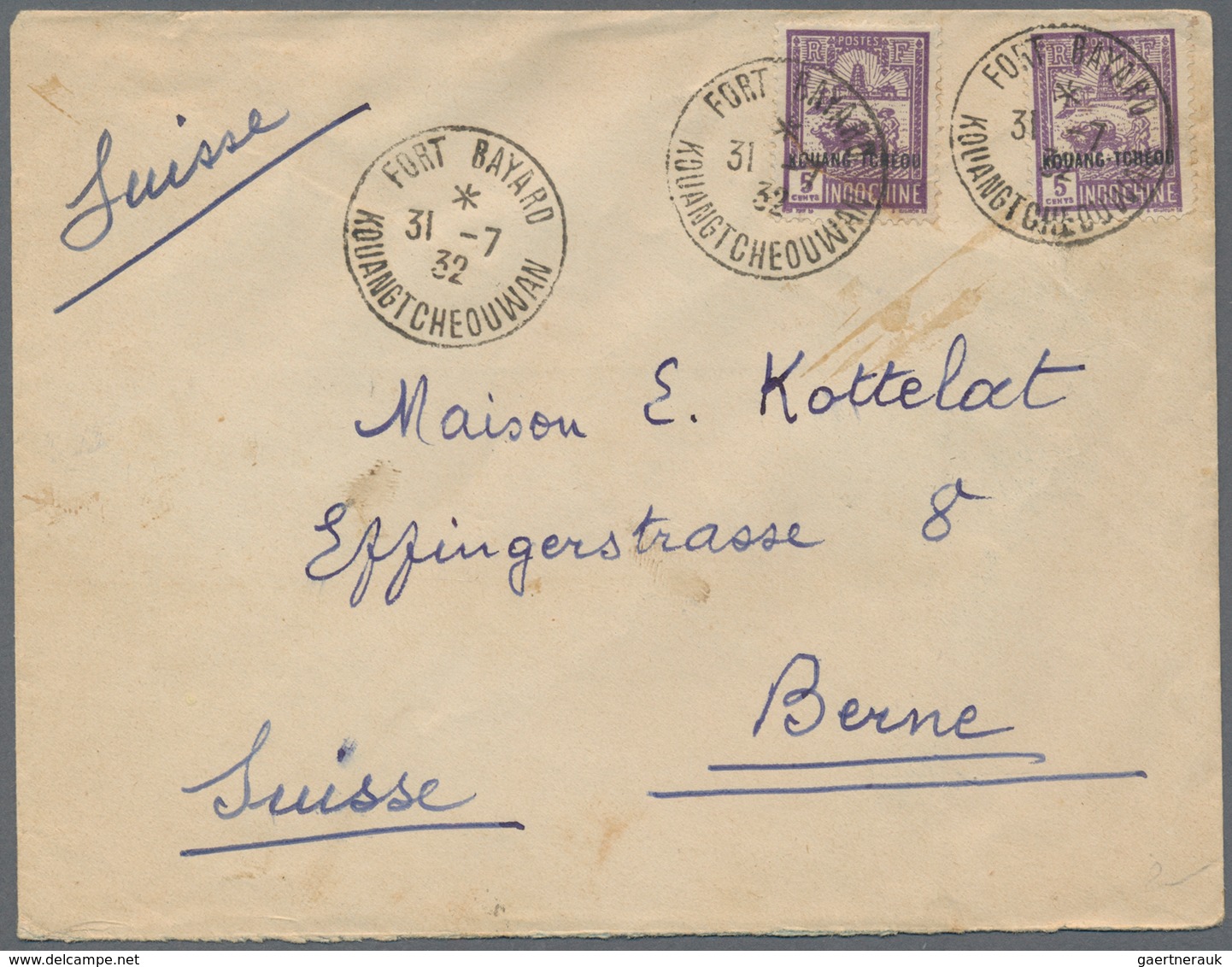 Französisch-Indochina - P.O. Südchina - Kouang-Tcheou: 1906/37, Five Covers Inc. 1906 5 C. Ovpt. On - Sonstige & Ohne Zuordnung