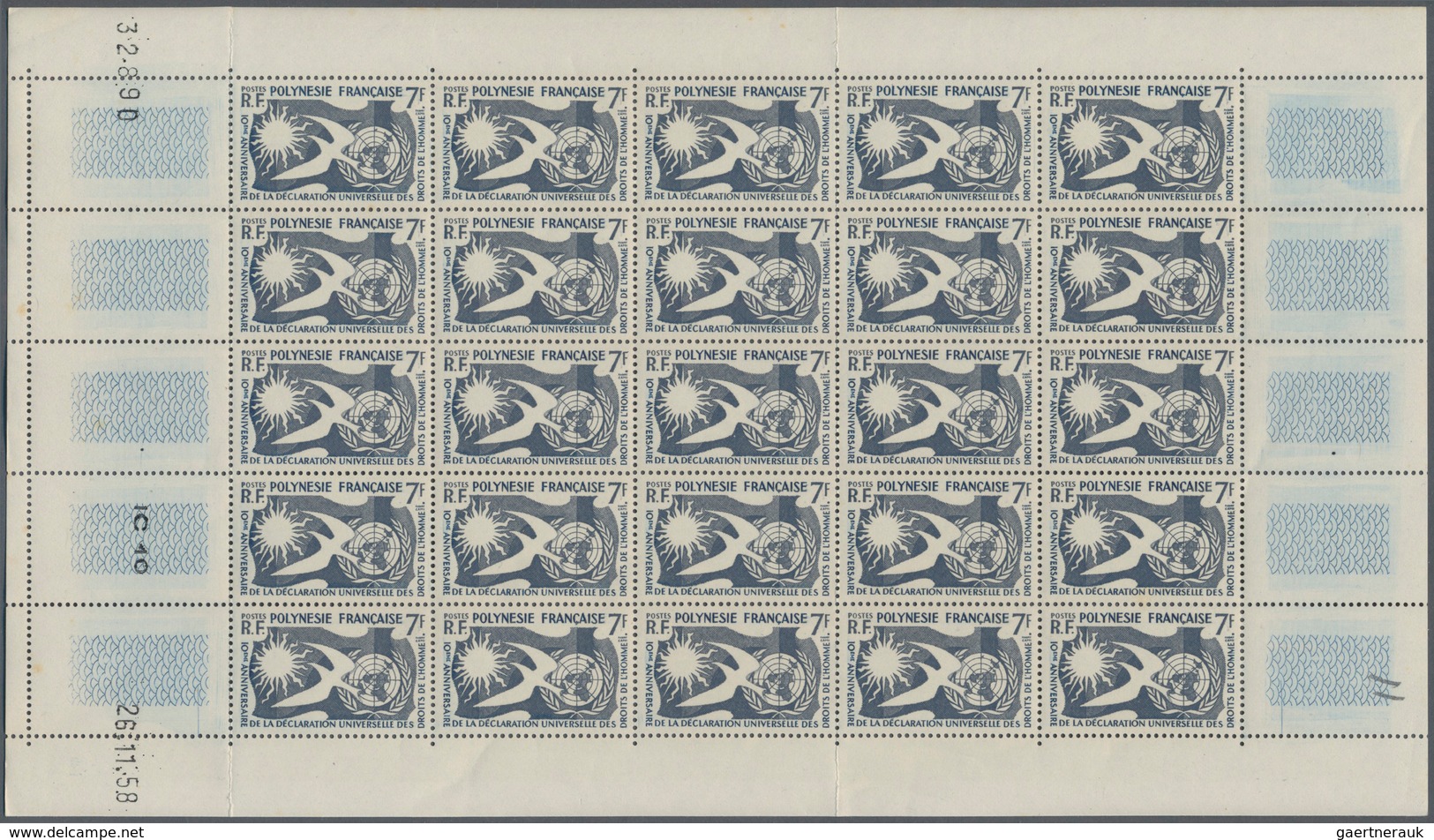 Französisch-Polynesien: 1958, 7fr. "Human Rights", Two Folded Sheets Of 25 Stamps Each, Mint Never H - Neufs