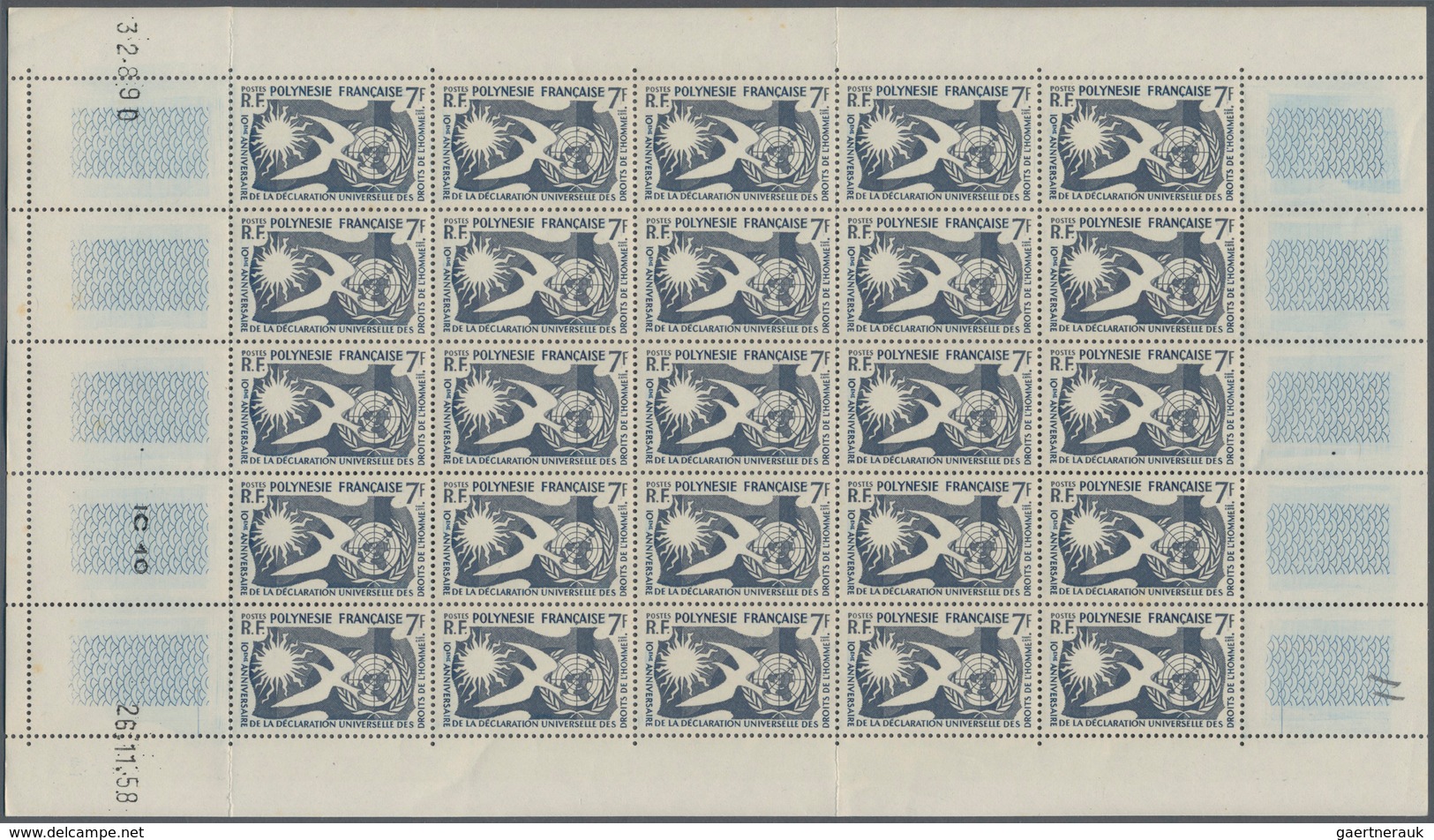 Französisch-Polynesien: 1958, 7fr. "Human Rights", Two Folded Sheets Of 25 Stamps Each, Mint Never H - Ongebruikt