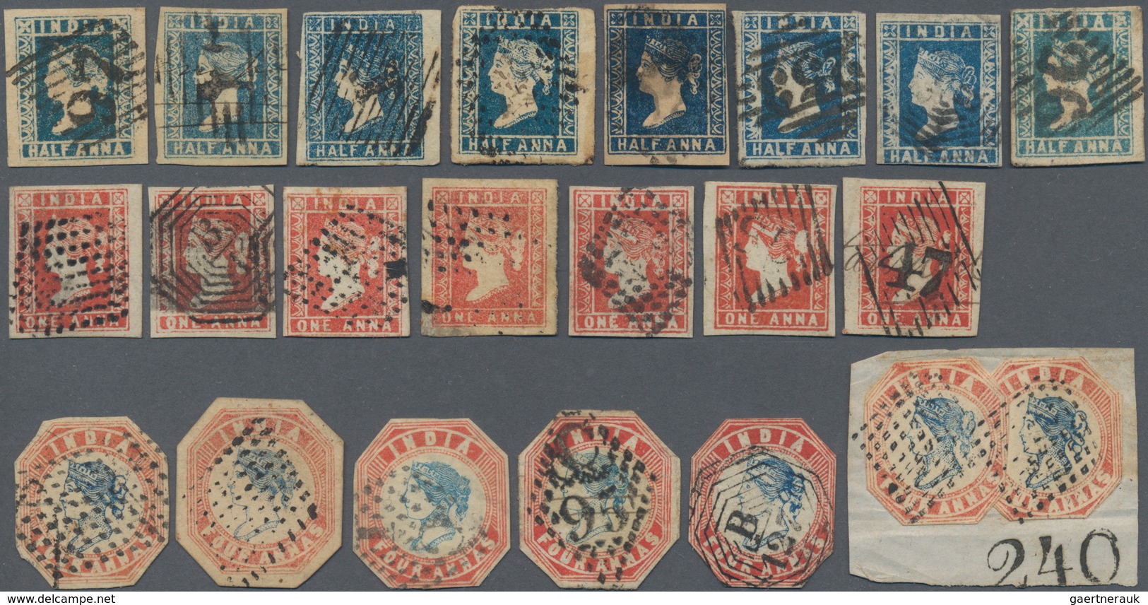 Indien: 1854-55 Litho & Typo: 37 Used Stamps Including 8 Of ½a. Blue, 7 Of 1a. Red, 10 Of 2a. Green - 1854 Compagnie Des Indes