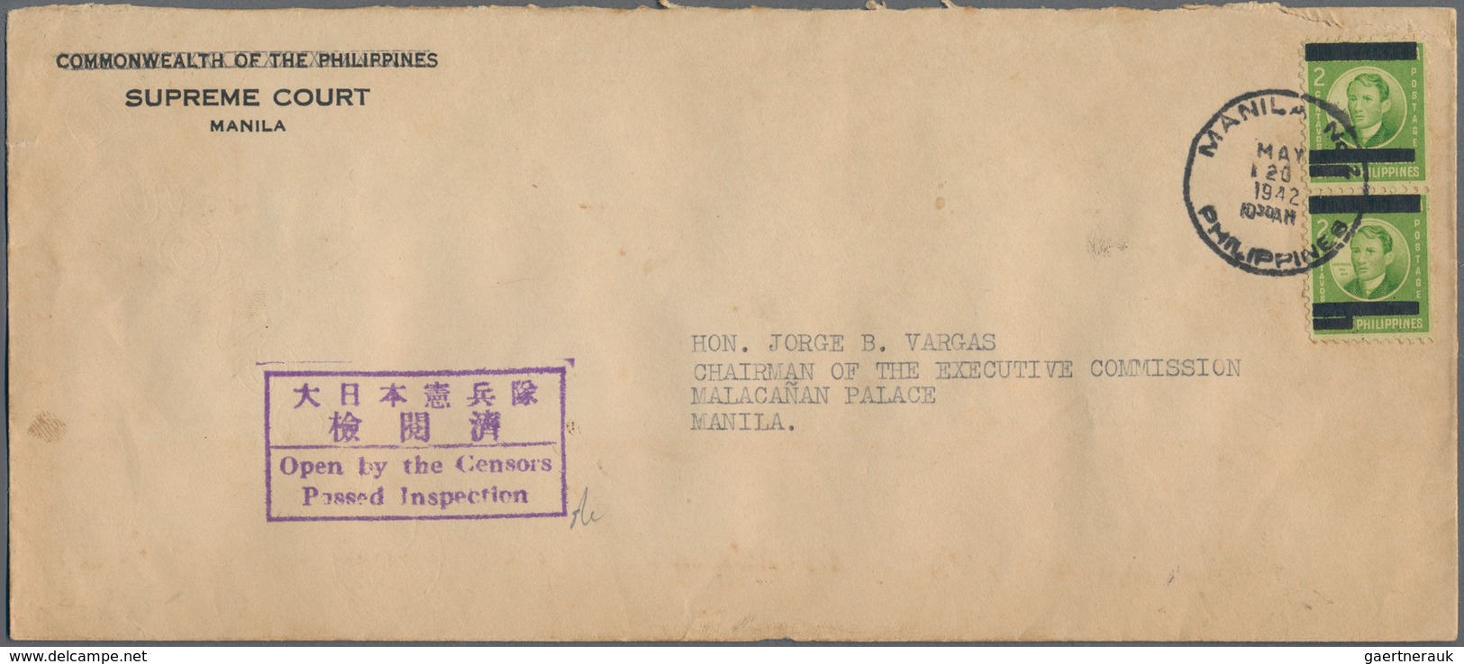 Japanische Besetzung  WK II - Philippinen: 1942, 2 C. Green Covers (5) To The Chairman Of The Philip - Philippines