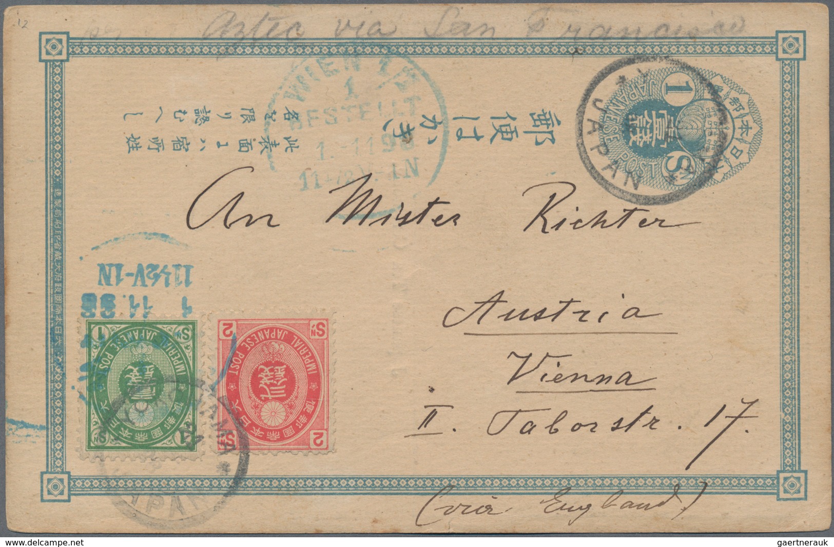 Japan - Ganzsachen: 1888/98, Stationery Used To Germany Or Austria: Koban 1 S. Blue Uprated 1 S. Gre - Cartes Postales