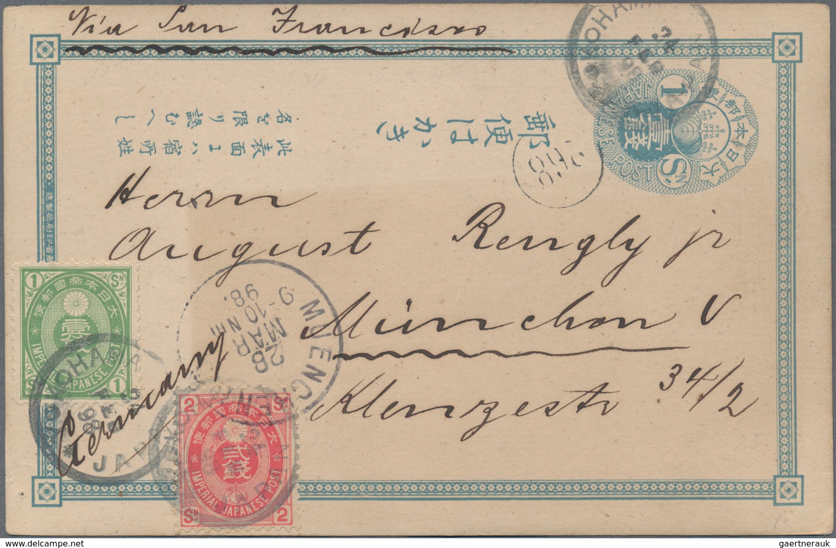 Japan - Ganzsachen: 1888/98, Stationery Used To Germany Or Austria: Koban 1 S. Blue Uprated 1 S. Gre - Cartes Postales