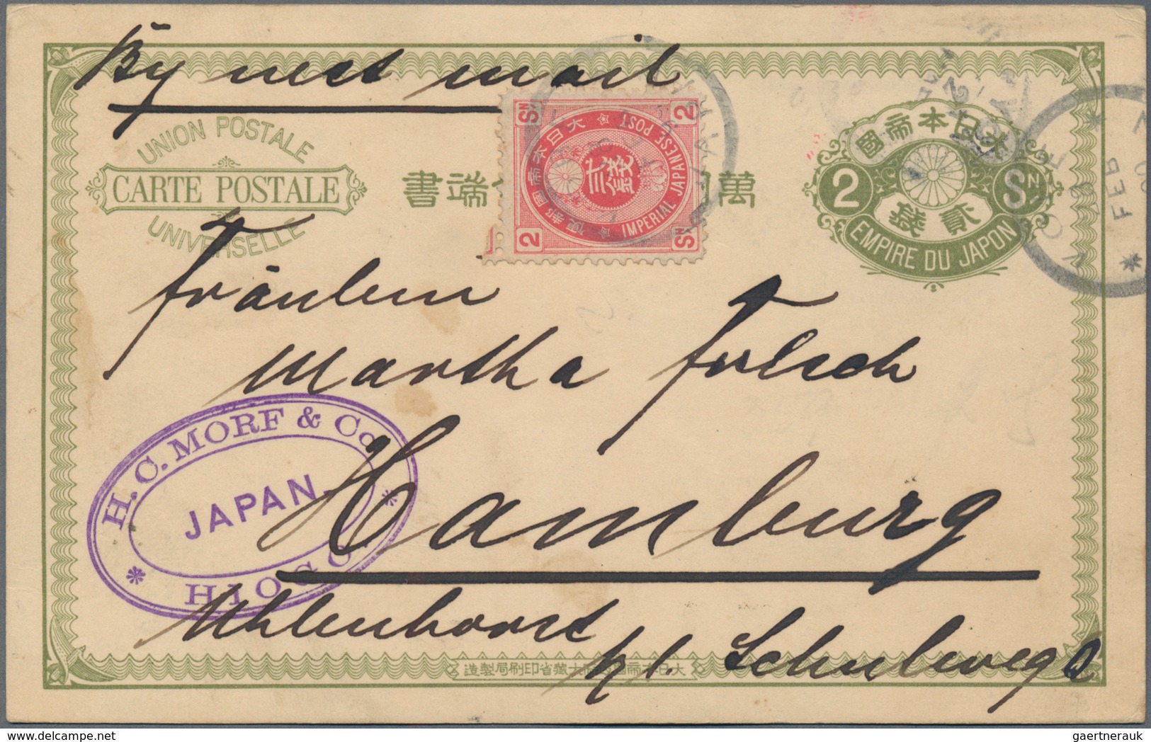 Japan - Ganzsachen: 1888/98, Stationery Used To Germany Or Austria: Koban 1 S. Blue Uprated 1 S. Gre - Cartes Postales