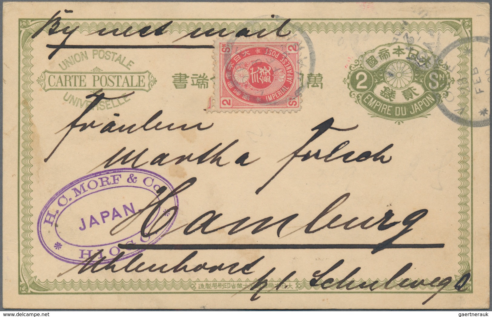 Japan - Ganzsachen: 1888/98, Stationery Used To Germany Or Austria: Koban 1 S. Blue Uprated 1 S. Gre - Ansichtskarten