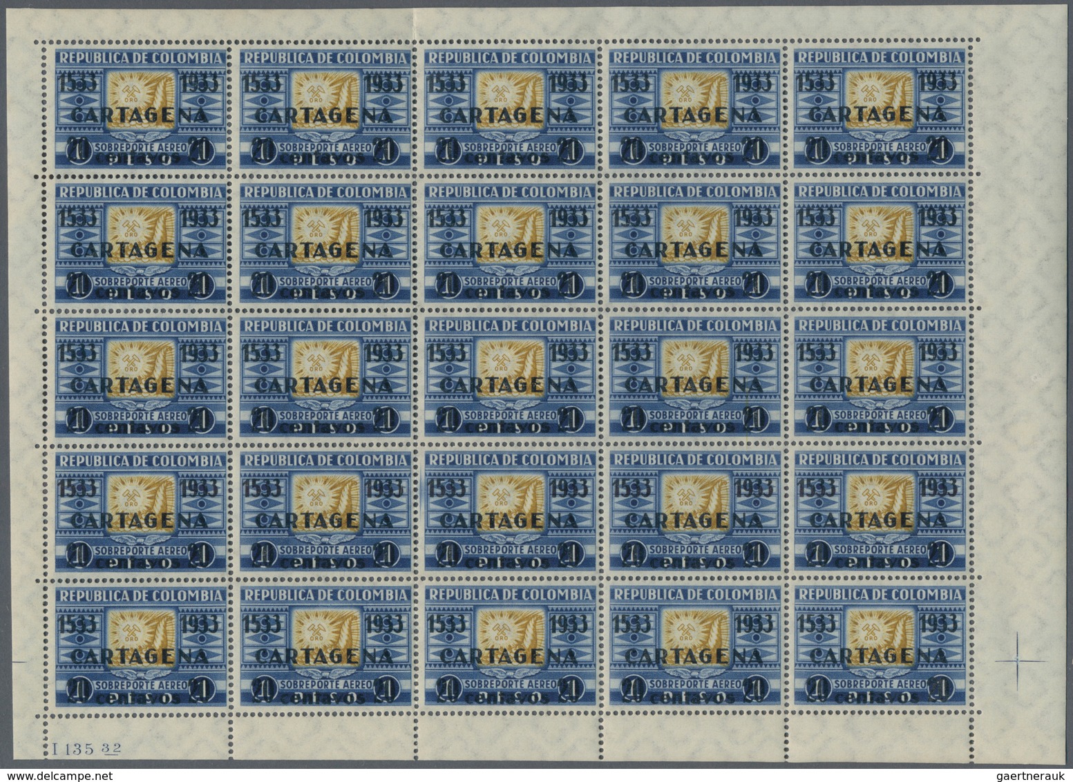 Kolumbien: 1933, 400th Anniversary Of Cartagena, 20c. On 1p. Blue/olive-yellow, 300 Stamps Within Mu - Colombie