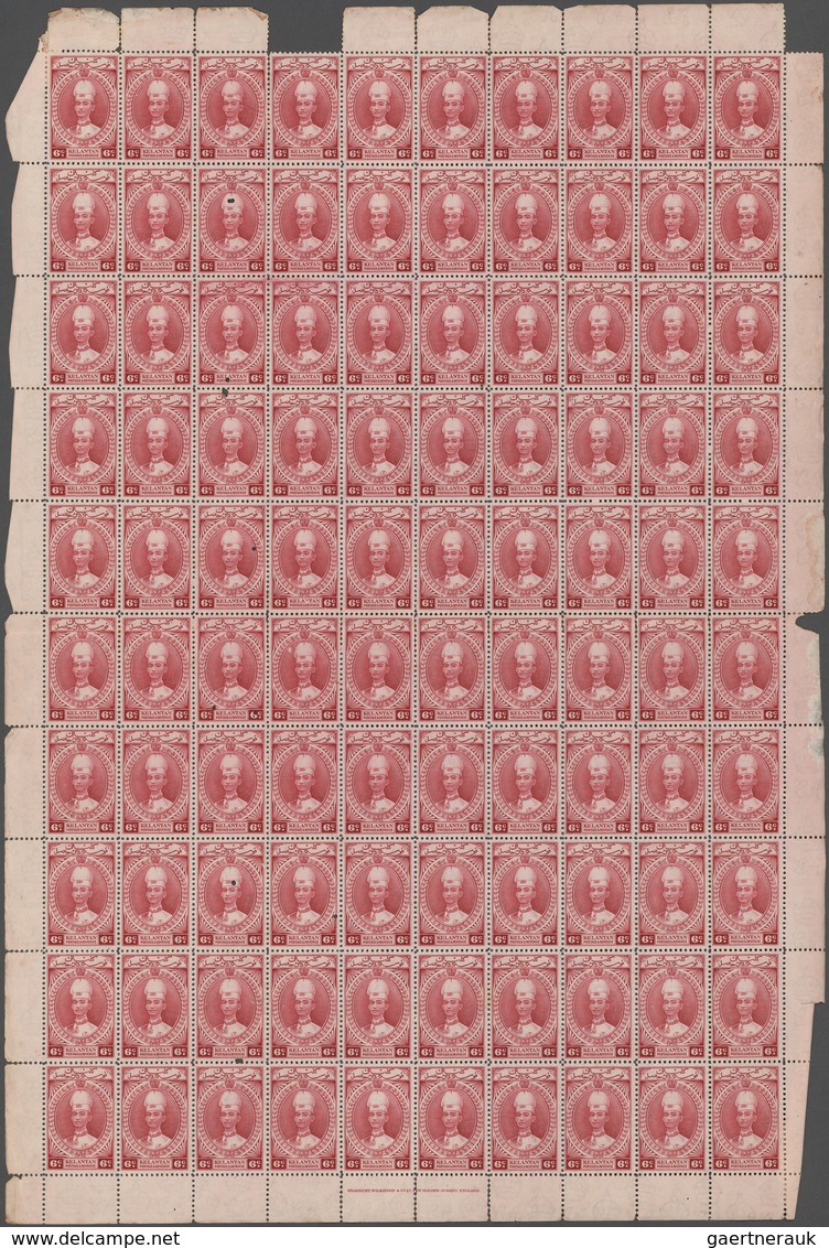 Malaiische Staaten - Kelantan: 1937-40 'Sultan Ismail' 6c. Lake Complete Sheet Of 100 Plus $1 Violet - Kelantan