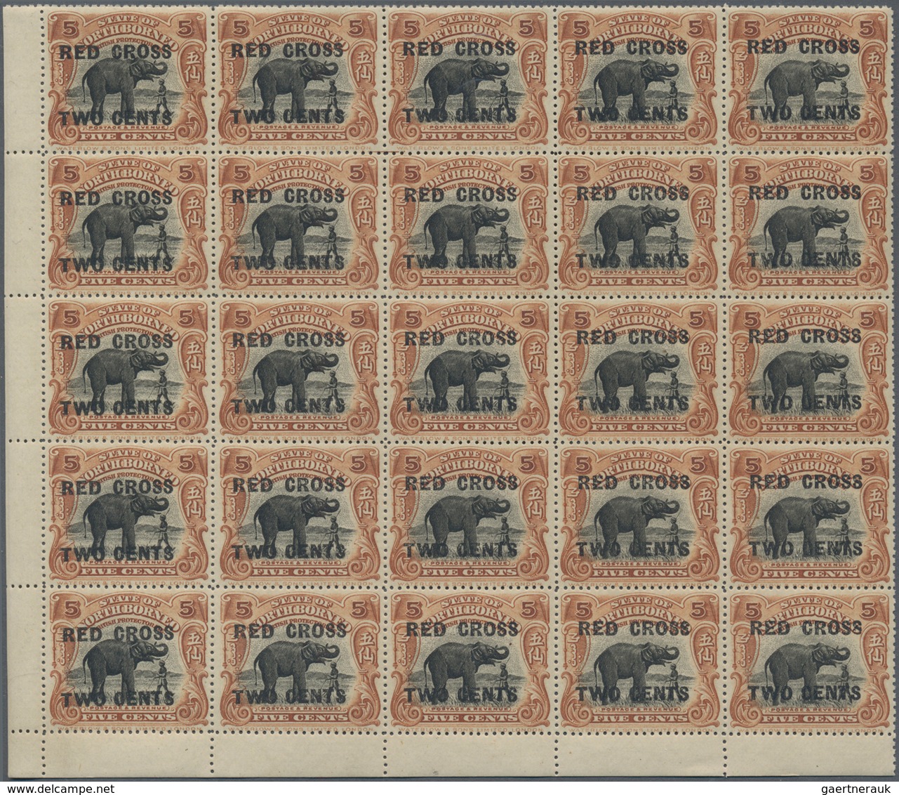 Nordborneo: 1918, Red Cross overprints 1c., 2c., 3c., 4c., 5c., 6c., 8c., seven values in blocks of