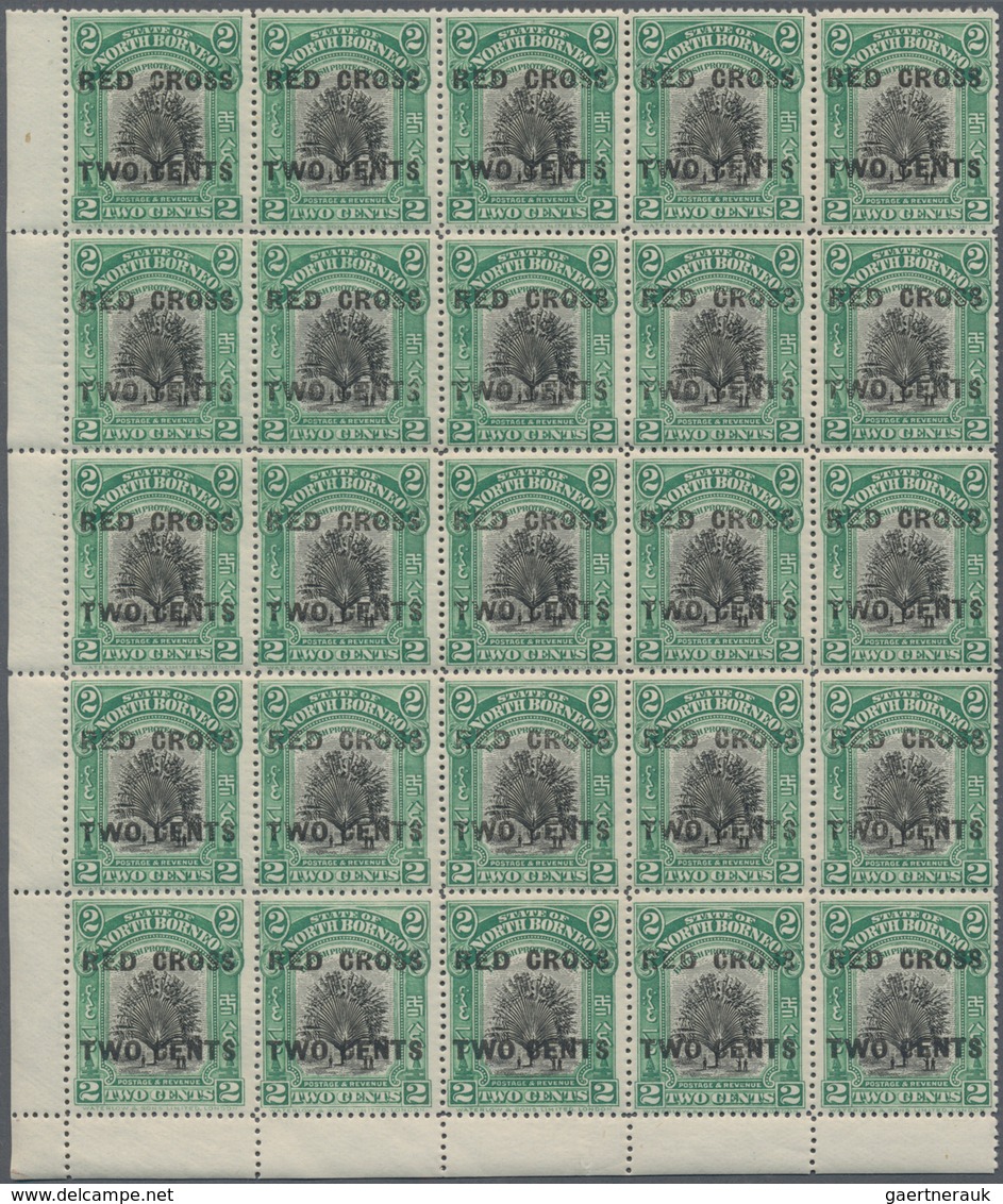 Nordborneo: 1918, Red Cross overprints 1c., 2c., 3c., 4c., 5c., 6c., 8c., seven values in blocks of