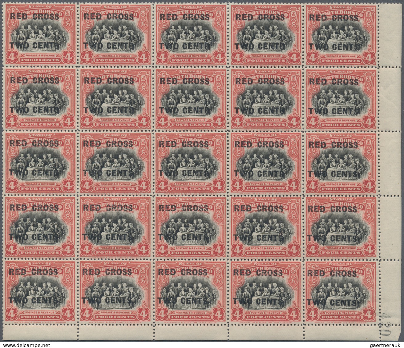 Nordborneo: 1918, Red Cross overprints 1c., 2c., 3c., 4c., 5c., 6c., 8c., seven values in blocks of