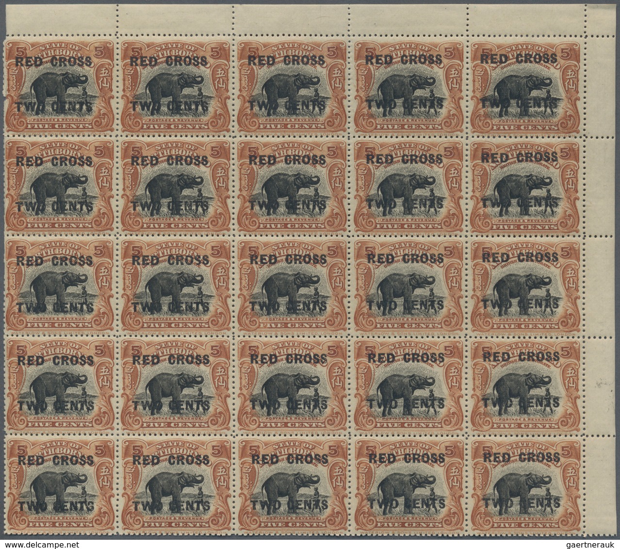 Nordborneo: 1918, Red Cross overprints 1c., 2c., 3c., 4c., 5c., 6c., 8c., seven values in blocks of