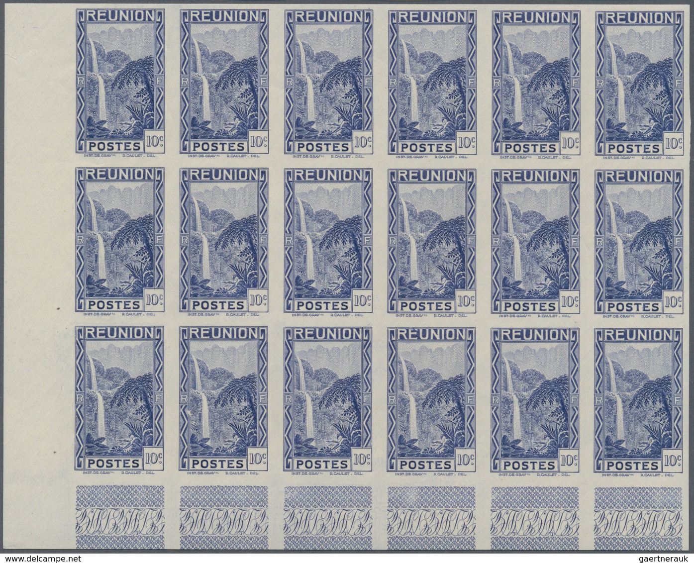 Reunion: 1933, Definitives Pictorials, 10c. "Waterfall" IMPERFORATE, Marginal Block Of 18 From The L - Ungebraucht