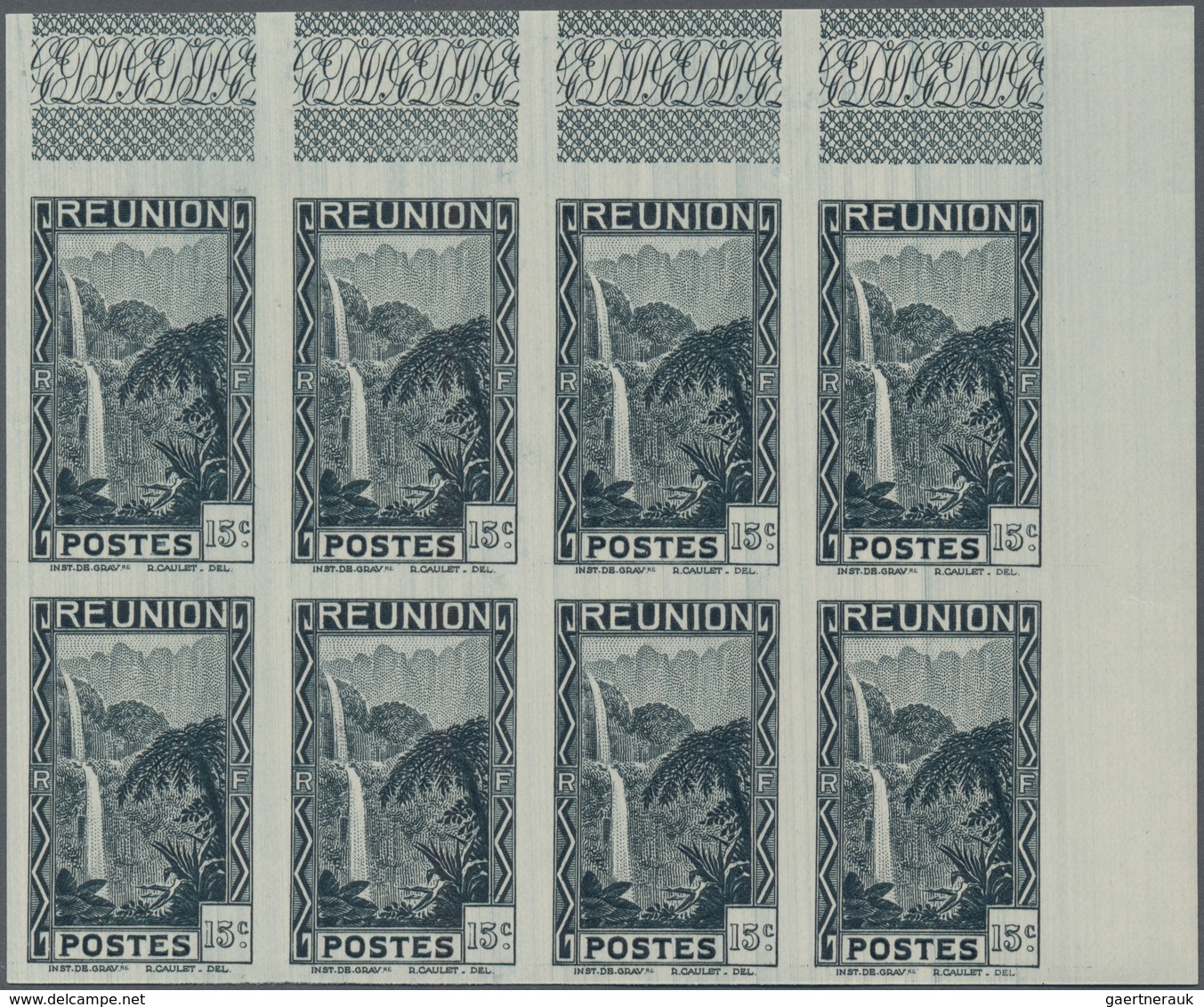 Reunion: 1933, Definitives Pictorials, 15c. "Waterfall" IMPERFORATE, Marginal Block Of Eight/of Twel - Neufs