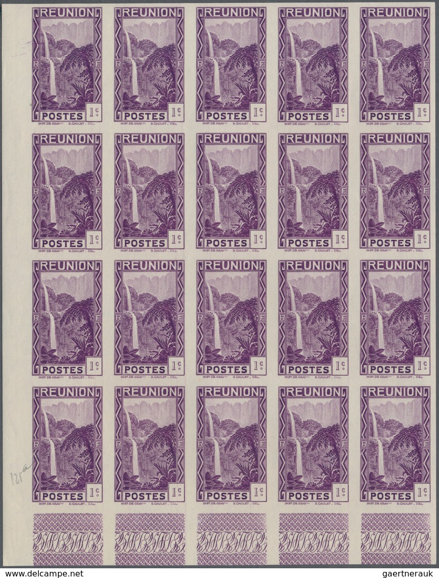 Reunion: 1933, Definitives Pictorials, 1c. "Waterfall" IMPERFORATE, Marginal Block Of 20, Mint Never - Neufs