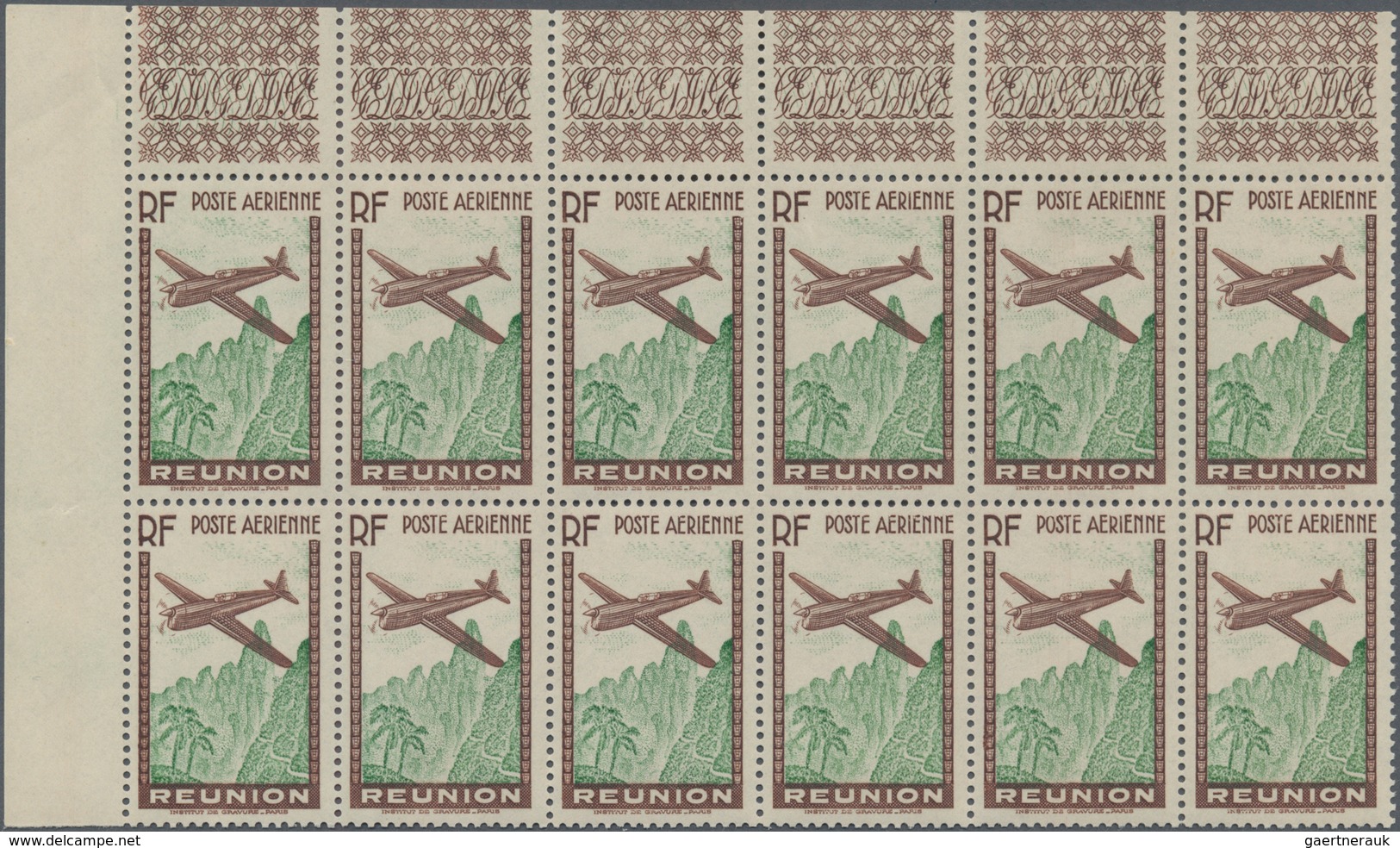 Reunion: 1938, Airmails, 12.65fr. Brown/yellow-green Showing Variety "Missing Value", Marginal Block - Unused Stamps