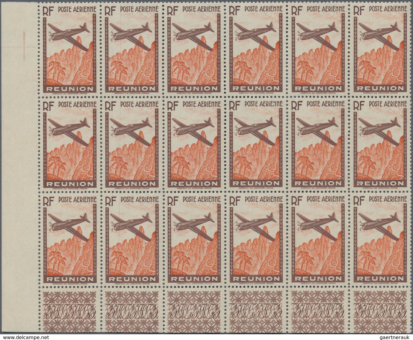 Reunion: 1938, Airmails, 6.65fr. Brown/orange Showing Variety "Missing Value", Marginal Block Of 18 - Neufs