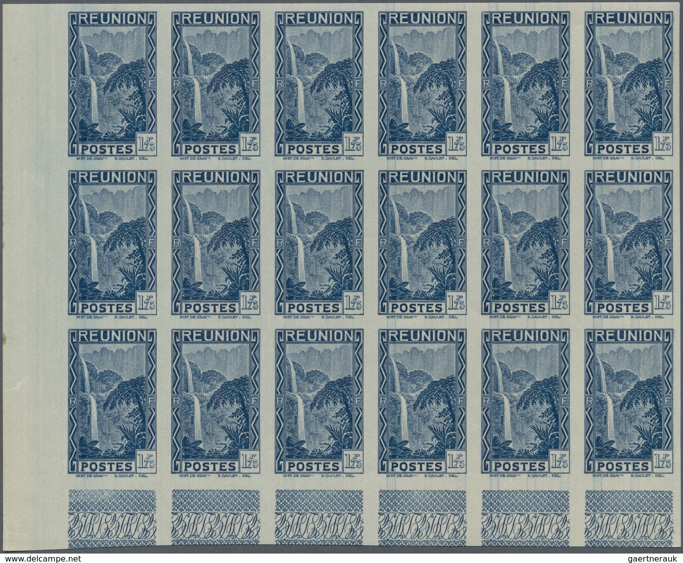 Reunion: 1938, Definitives Pictorials, 1.75fr. "Waterfall" IMPERFORATE, Marginal Block Of 18, Mint N - Unused Stamps