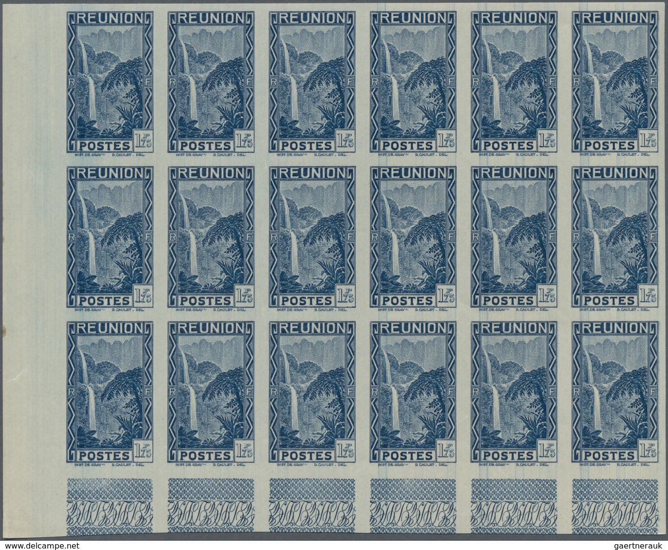 Reunion: 1938, Definitives Pictorials, 1.75fr. "Waterfall" IMPERFORATE, Marginal Block Of 18, Mint N - Neufs