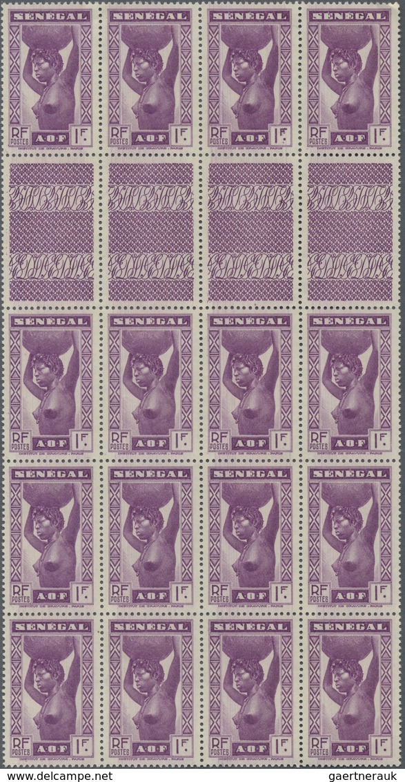 Senegal: 1938, Definitives "Senegalese Woman", Not Issued 1fr. Violet As Gutter Block Of 16, Unused - Sénégal (1960-...)